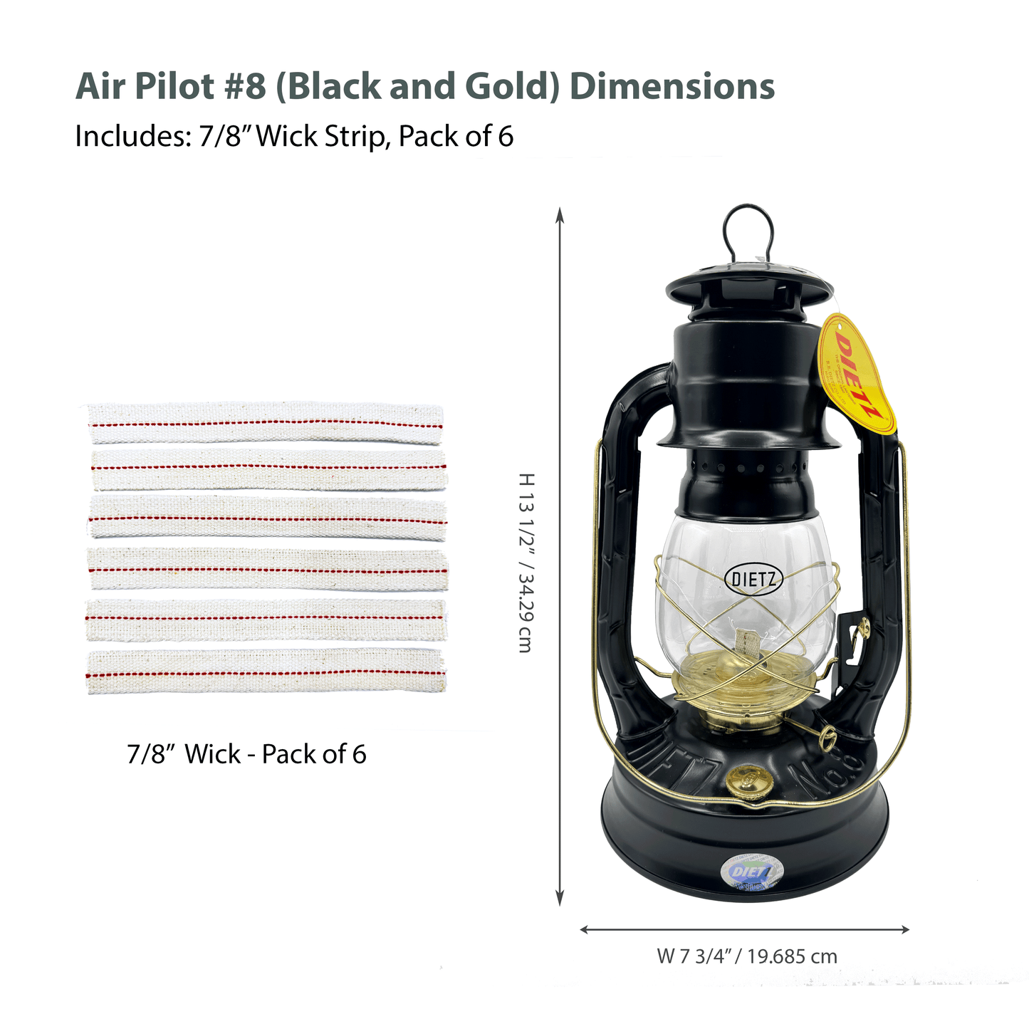 Light Of Mine - Dietz #08 Air Pilot Black with Gold Trim Oil Lantern with Replacement Wick Strips (Black with Gold Trim)