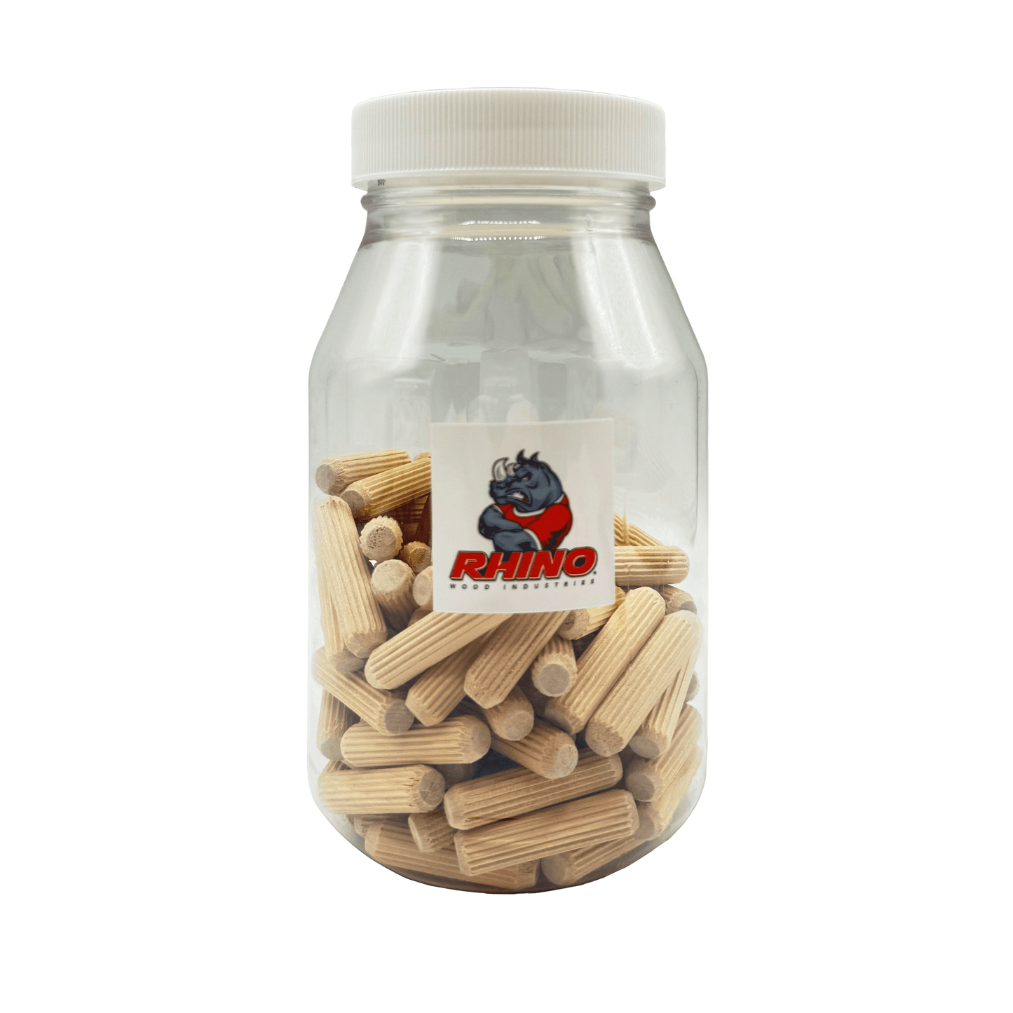 Rhino Wood Industries - 3/8" x 1 1/2" - 100 Pack Wooden Dowel Pins in Plastic Jar - Kiln Dried, Fluted, and Beveled (3/8" x 1 1/2", 100pk, Jar)