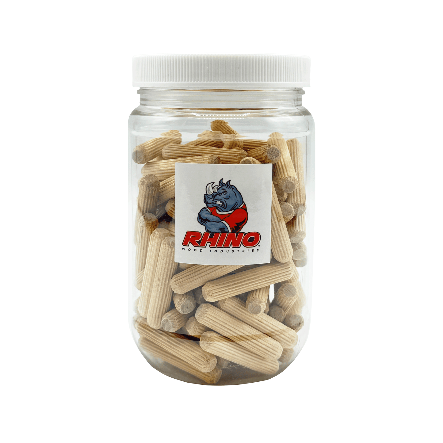 Rhino Wood Industries - 5/16" x 1 1/2" - 100 Pack Wooden Dowel Pins in Plastic Jar - Kiln Dried, Fluted, and Beveled (5/16" x 1 1/2", 100pk, Jar)