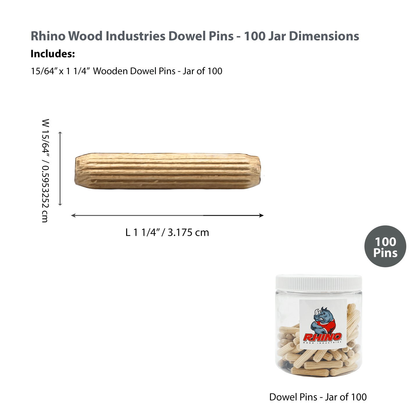 Rhino Wood Industries - 15/64" x 1 1/4" - 100 Pack Wooden Dowel Pins in Plastic Jar - Kiln Dried, Fluted, and Beveled (6mm, 100pk, Jar)