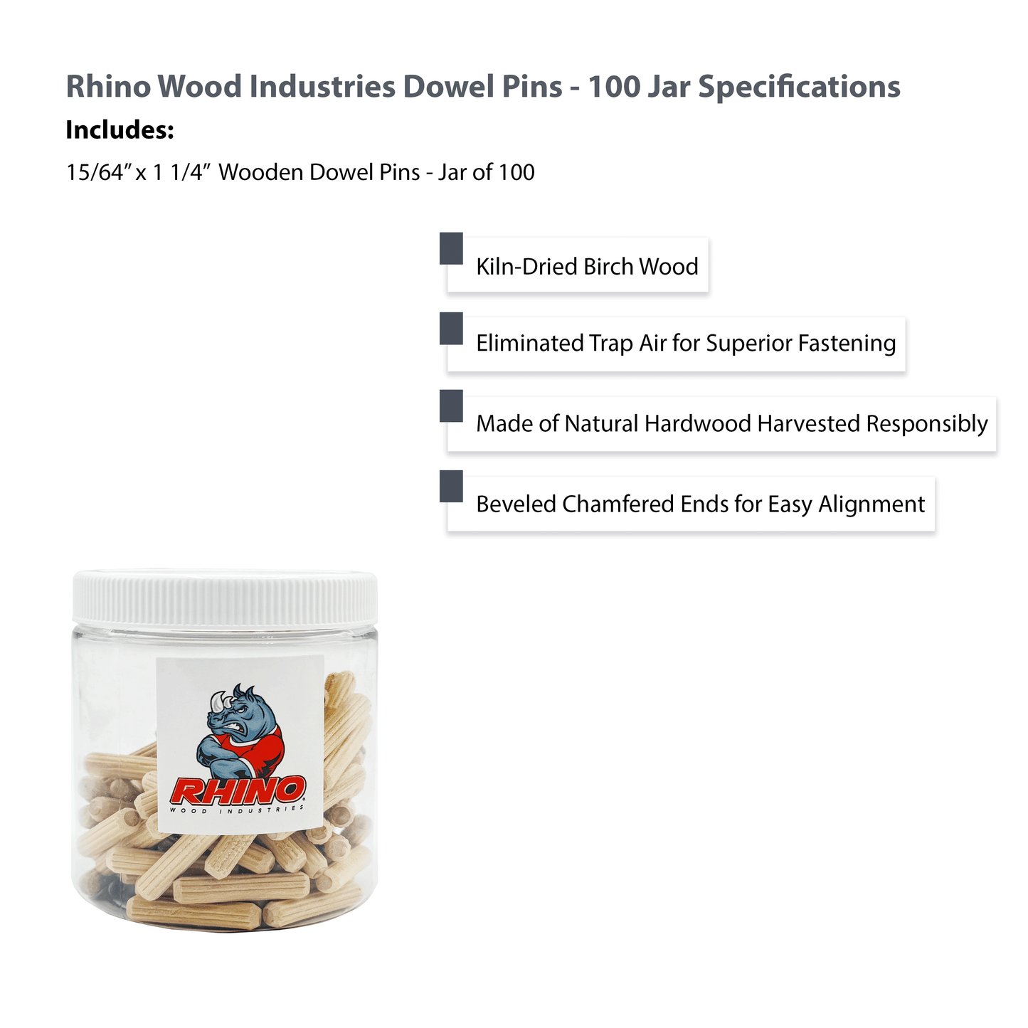 Rhino Wood Industries - 15/64" x 1 1/4" - 100 Pack Wooden Dowel Pins in Plastic Jar - Kiln Dried, Fluted, and Beveled (6mm, 100pk, Jar)
