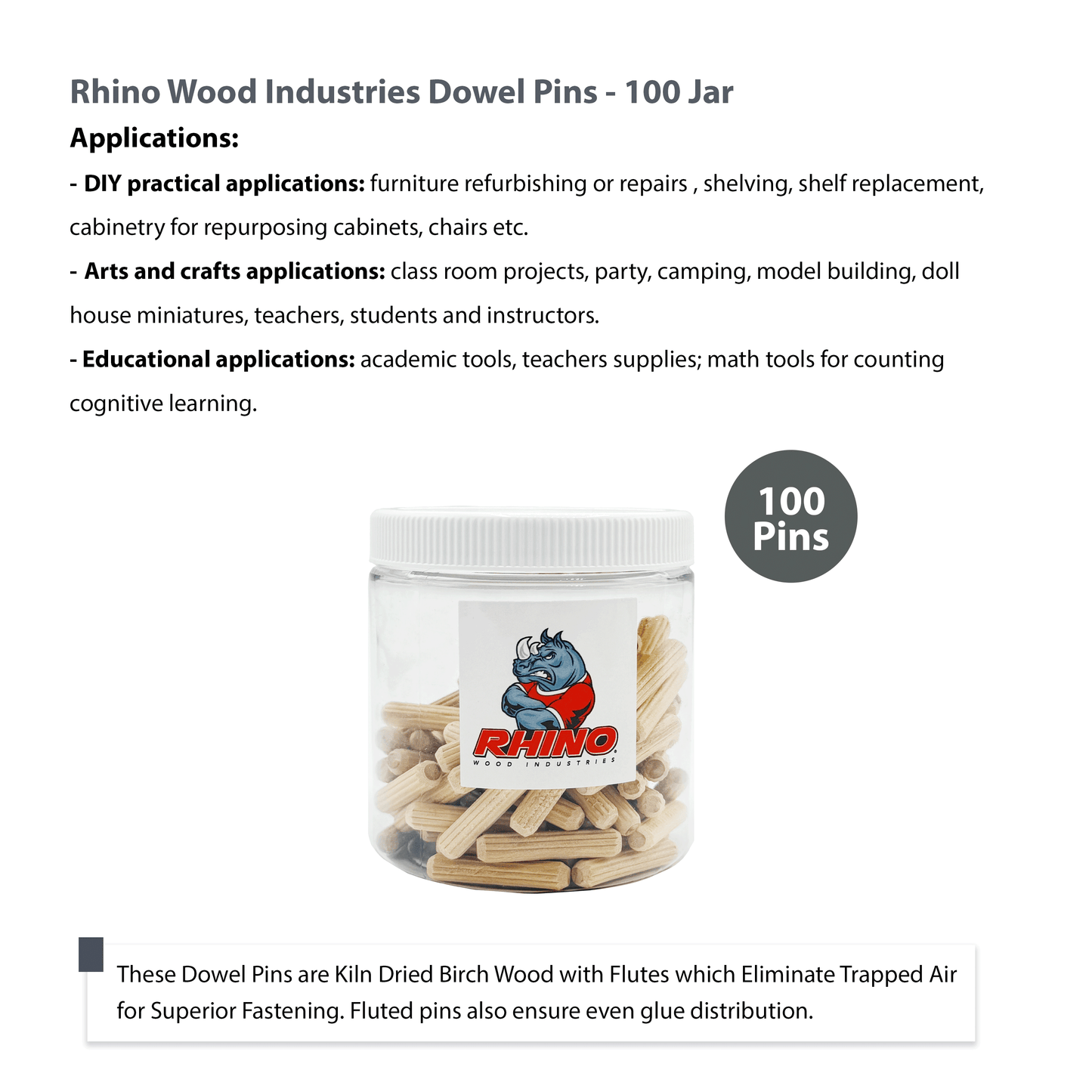Rhino Wood Industries - 15/64" x 1 1/4" - 100 Pack Wooden Dowel Pins in Plastic Jar - Kiln Dried, Fluted, and Beveled (6mm, 100pk, Jar)