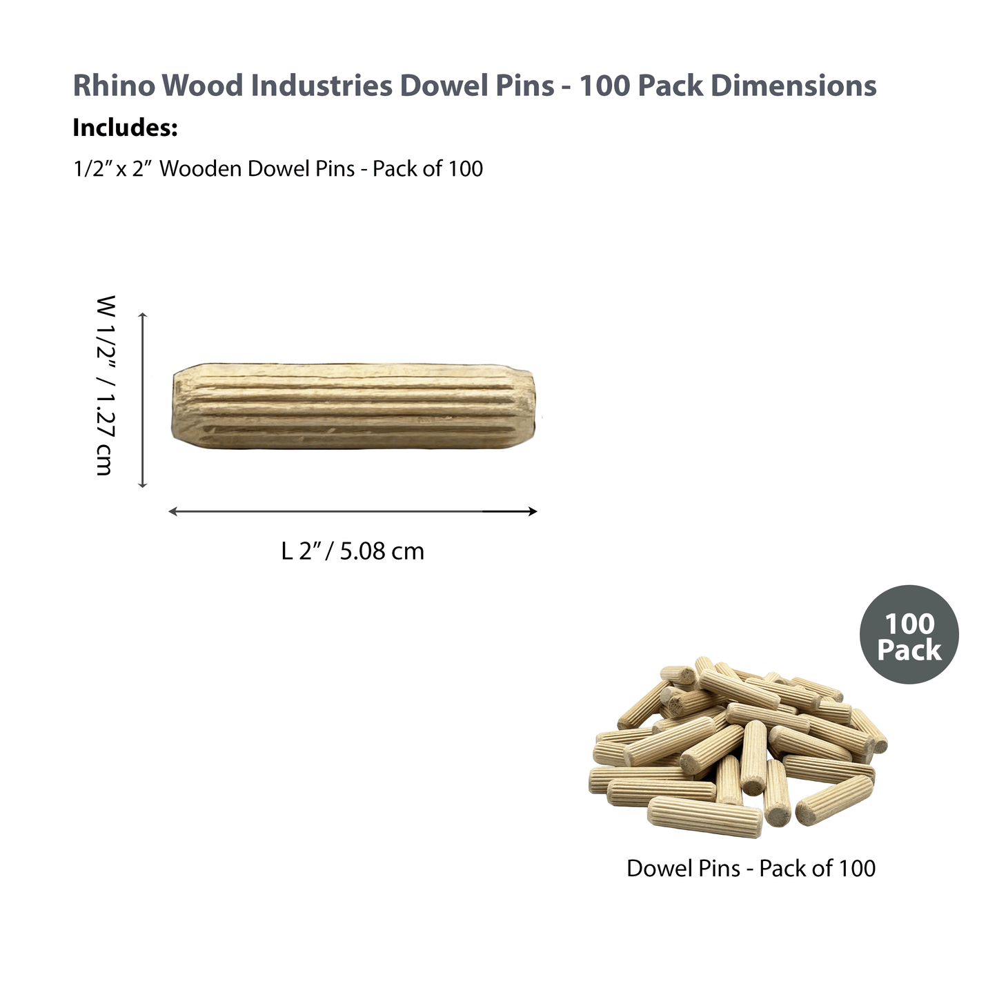 Rhino Wood Industries - 1/2" x 2" - 100 Pack Wooden Dowel Pins - Kiln Dried, Fluted, and Beveled (1/2" x 2", 100pk)