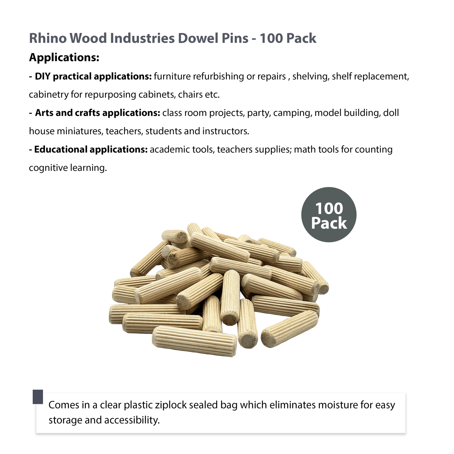 Rhino Wood Industries - 1/2" x 2" - 100 Pack Wooden Dowel Pins - Kiln Dried, Fluted, and Beveled (1/2" x 2", 100pk)