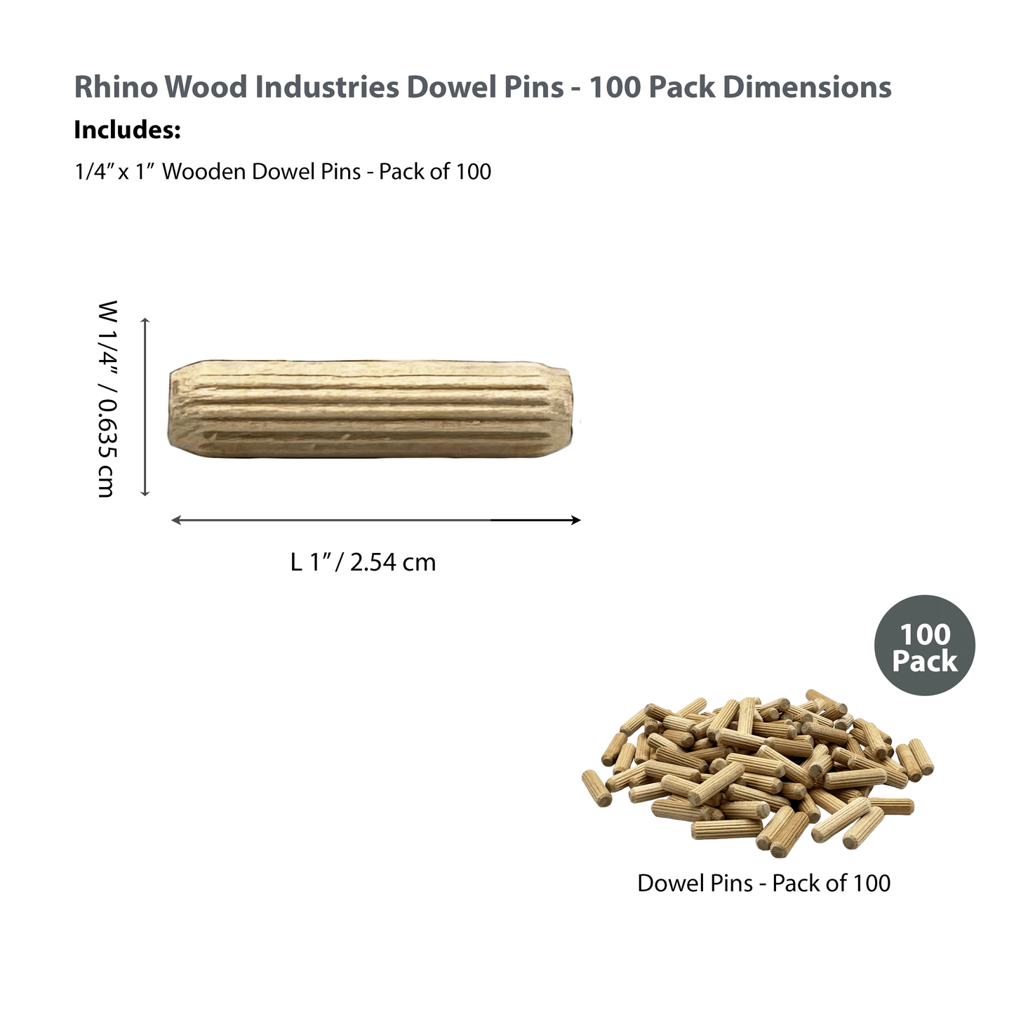 Rhino Wood Industries - 1/4" x 1" - 100 Pack Wooden Dowel Pins - Kiln Dried, Fluted, and Beveled (1/4" x 1", 100pk)