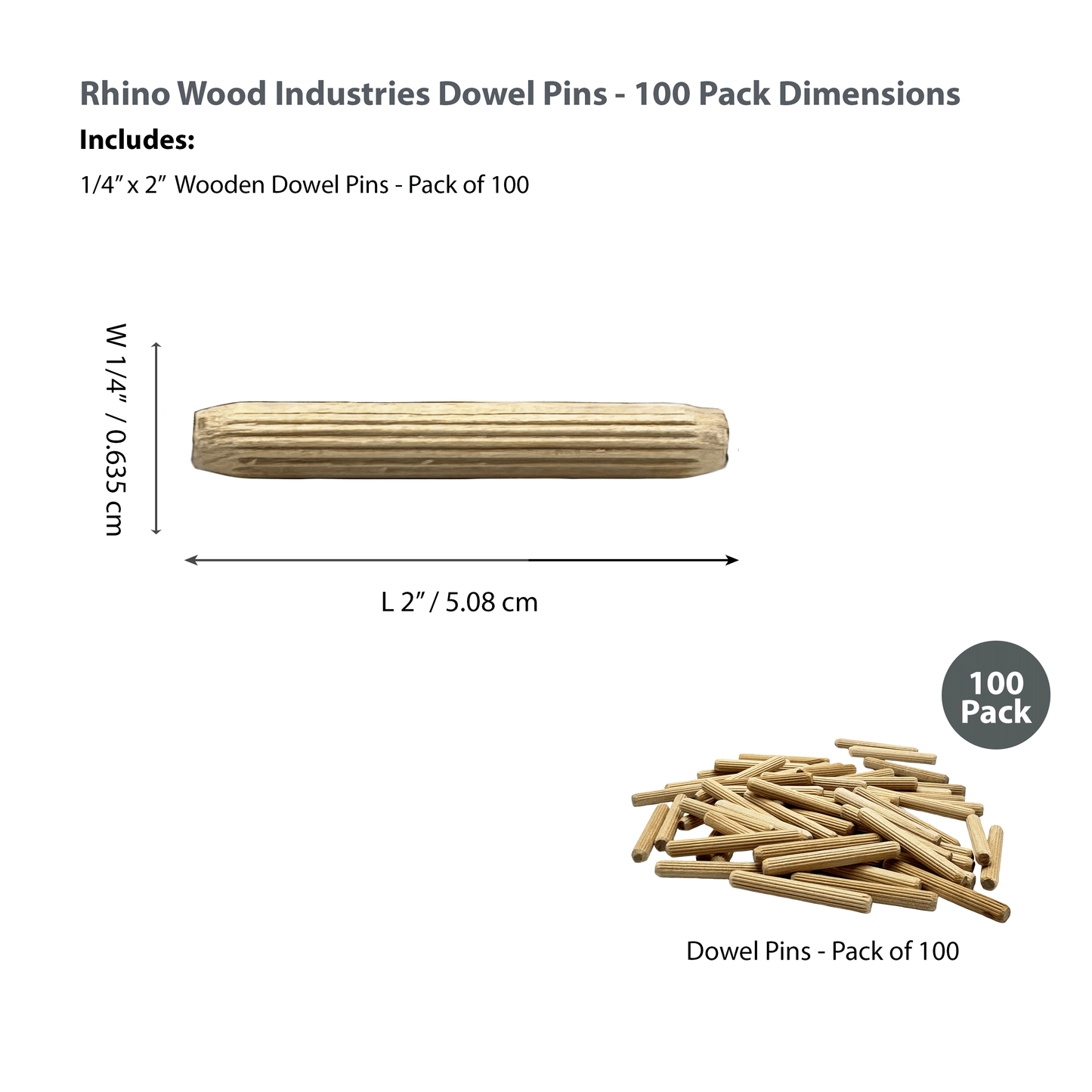 Rhino Wood Industries - 1/4" x 2" - 100 Pack Wooden Dowel Pins - Kiln Dried, Fluted, and Beveled (1/4" x 2", 100pk)