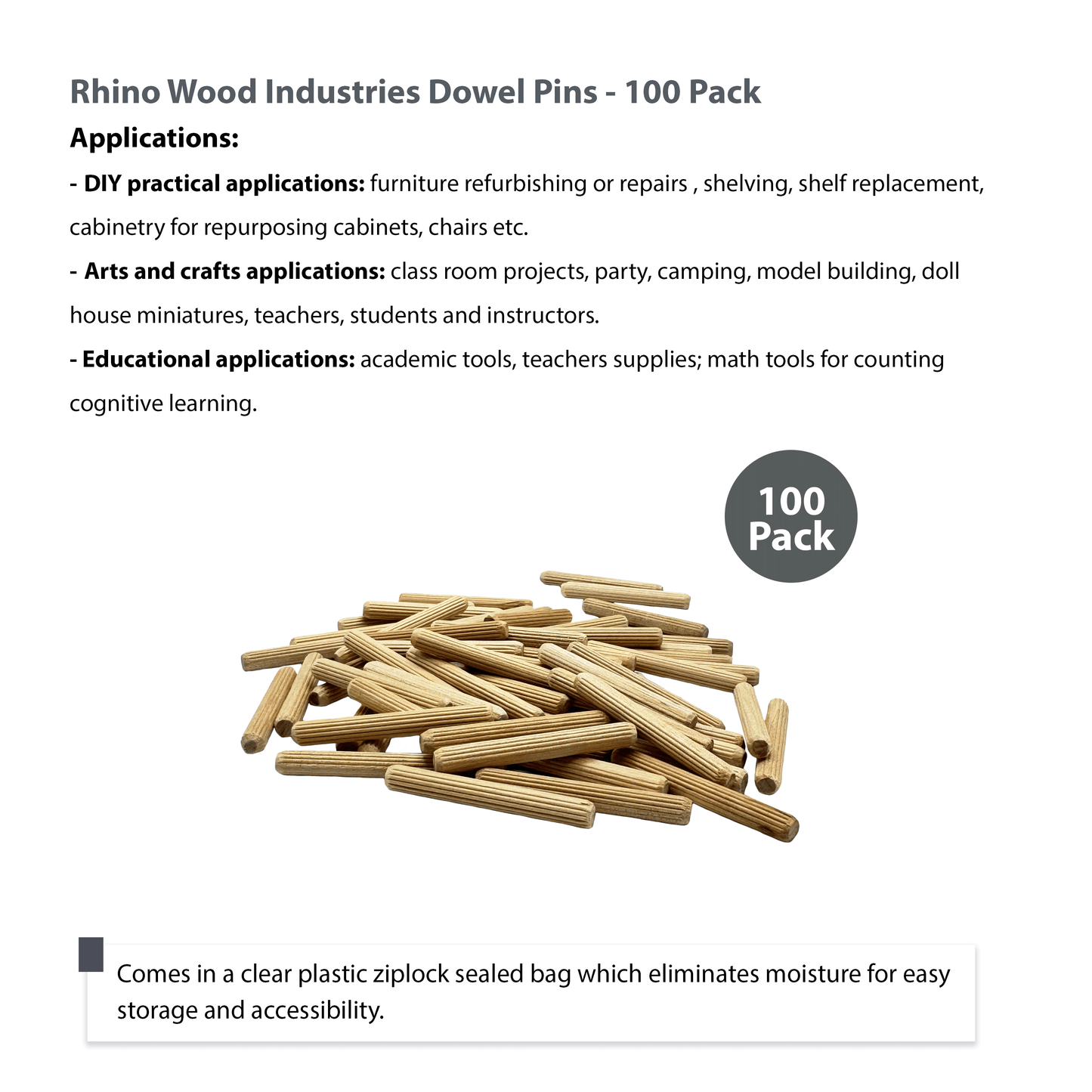 Rhino Wood Industries - 1/4" x 2" - 100 Pack Wooden Dowel Pins - Kiln Dried, Fluted, and Beveled (1/4" x 2", 100pk)