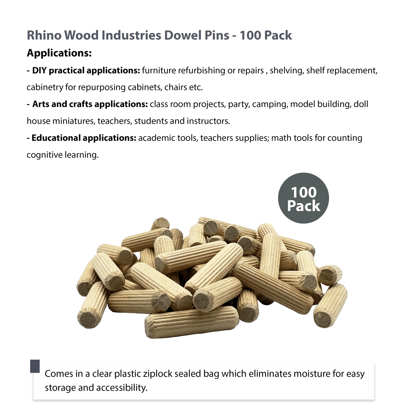 Rhino Wood Industries 100 Pack 3/8" x 1 1/2" Wooden Dowel Pins