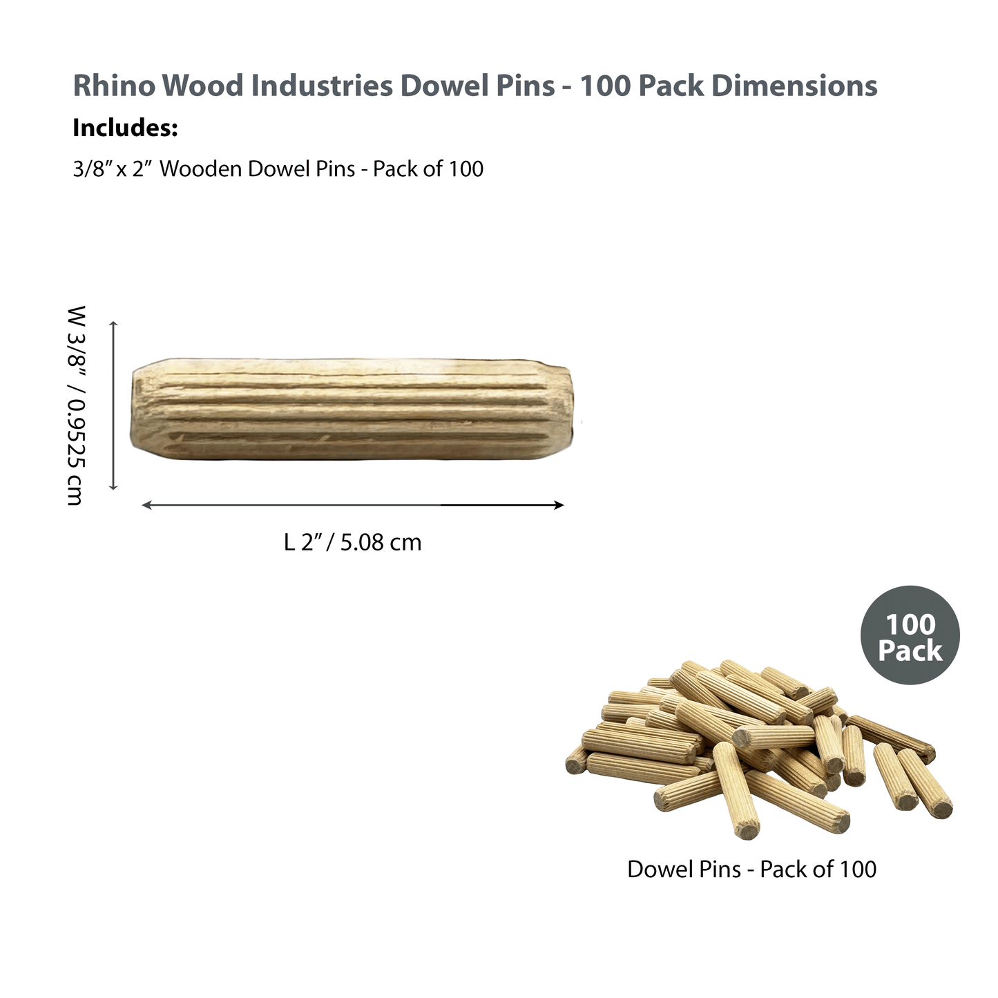 Rhino Wood Industries - 3/8" x 2" - 100 Pack Wooden Dowel Pins - Kiln Dried, Fluted, and Beveled (3/8" x 2", 100pk)