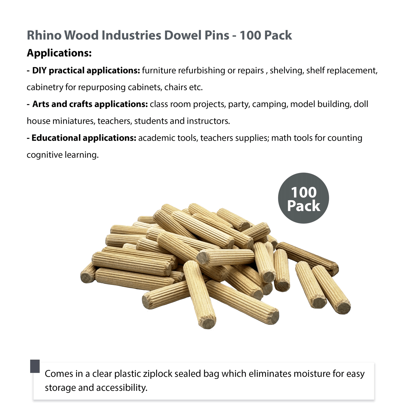 Rhino Wood Industries - 3/8" x 2" - 100 Pack Wooden Dowel Pins - Kiln Dried, Fluted, and Beveled (3/8" x 2", 100pk)