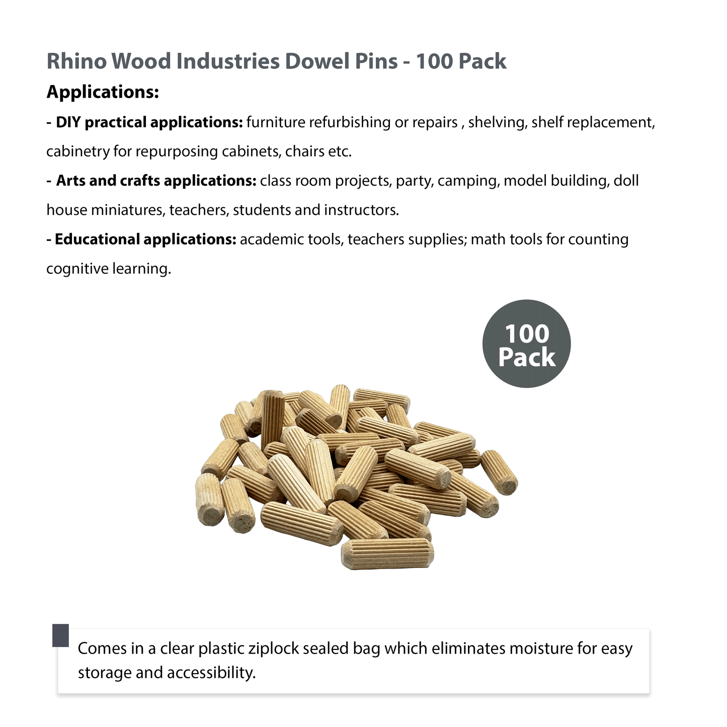 Rhino Wood Industries - 5/16" x 1" - 100 Pack Wooden Dowel Pins - Kiln Dried, Fluted, and Beveled (5/16" x 1", 100pk)
