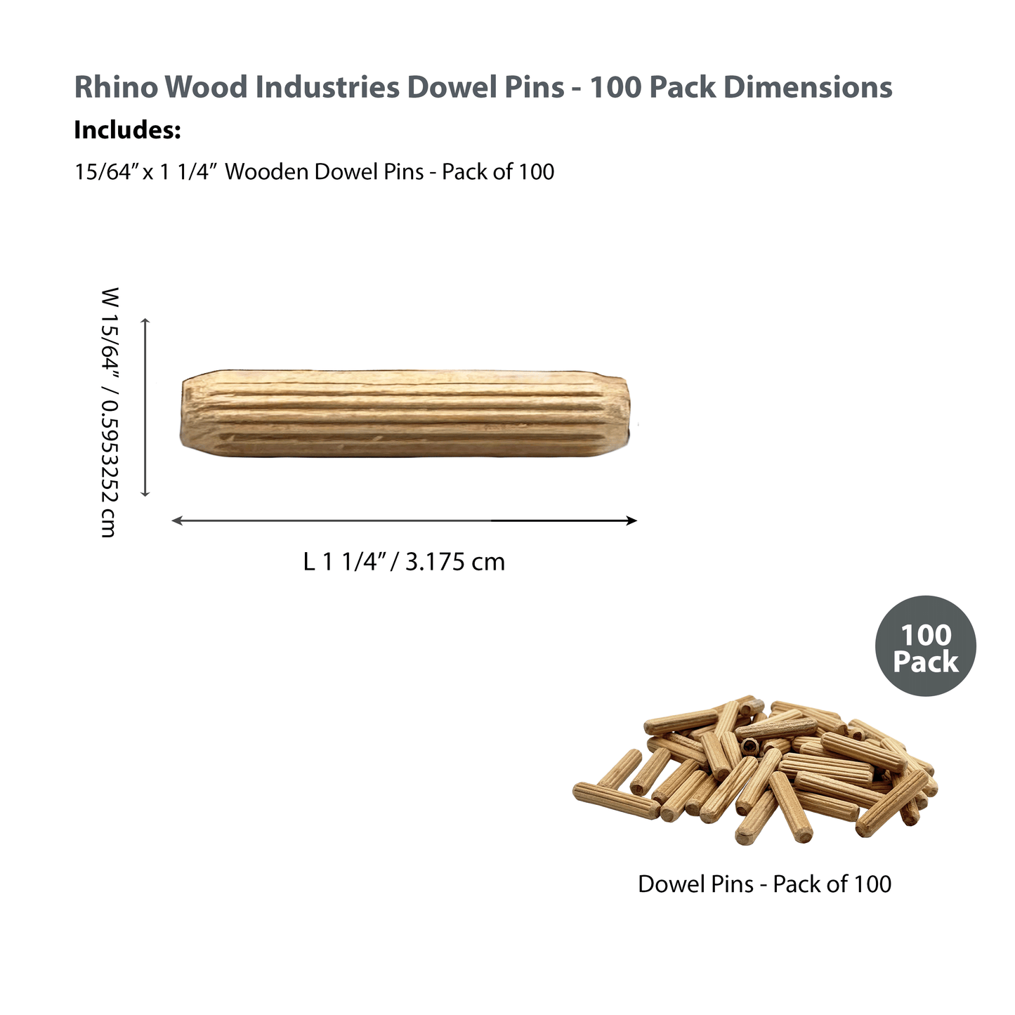 Rhino Wood Industries - 15/64" x 1 1/4" - 100 Pack Wooden Dowel Pins - Kiln Dried, Fluted, and Beveled (6mm, 100pk)