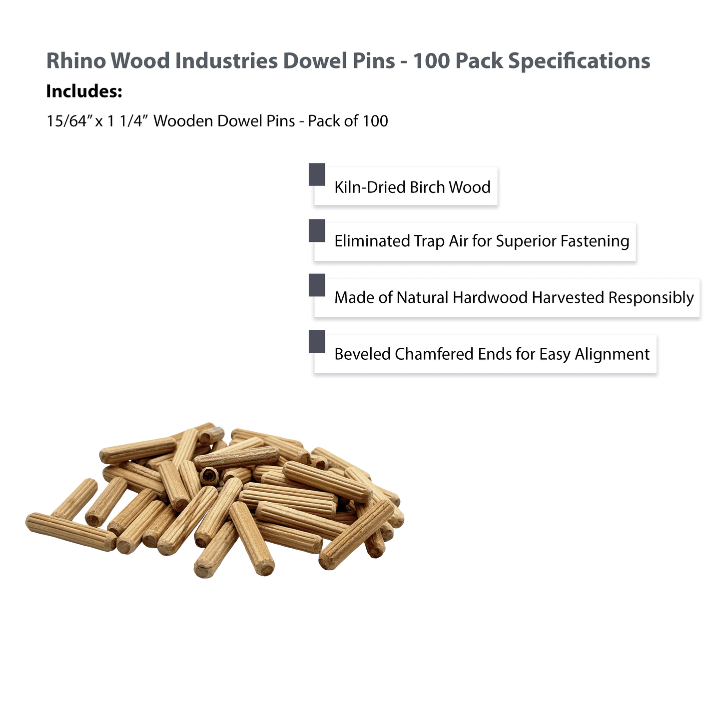 Rhino Wood Industries - 15/64" x 1 1/4" - 100 Pack Wooden Dowel Pins - Kiln Dried, Fluted, and Beveled (6mm, 100pk)