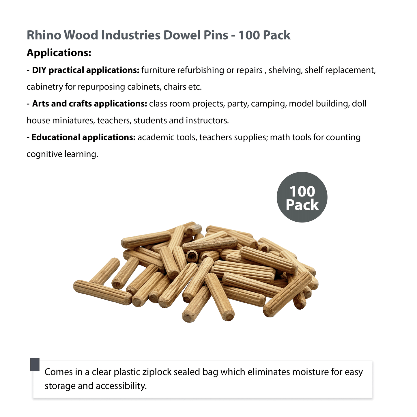 Rhino Wood Industries - 15/64" x 1 1/4" - 100 Pack Wooden Dowel Pins - Kiln Dried, Fluted, and Beveled (6mm, 100pk)