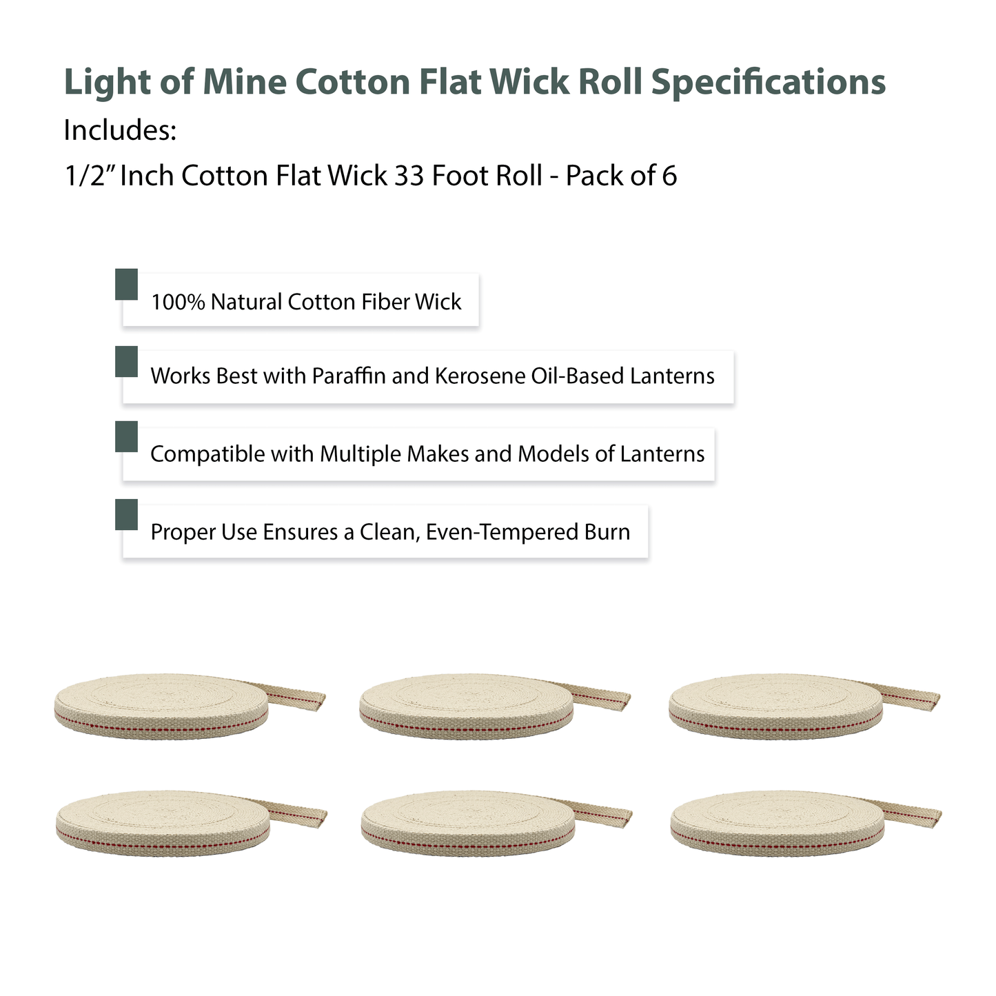Light of Mine - 1/2" Inch 33' Foot, 100% Cotton Flat Wick - 6 Pack for Paraffin Oil, Kerosene Based Lanterns, and Oil Lamps with Genuine Red Stitch (1/2" - 33' Roll, 6pk)