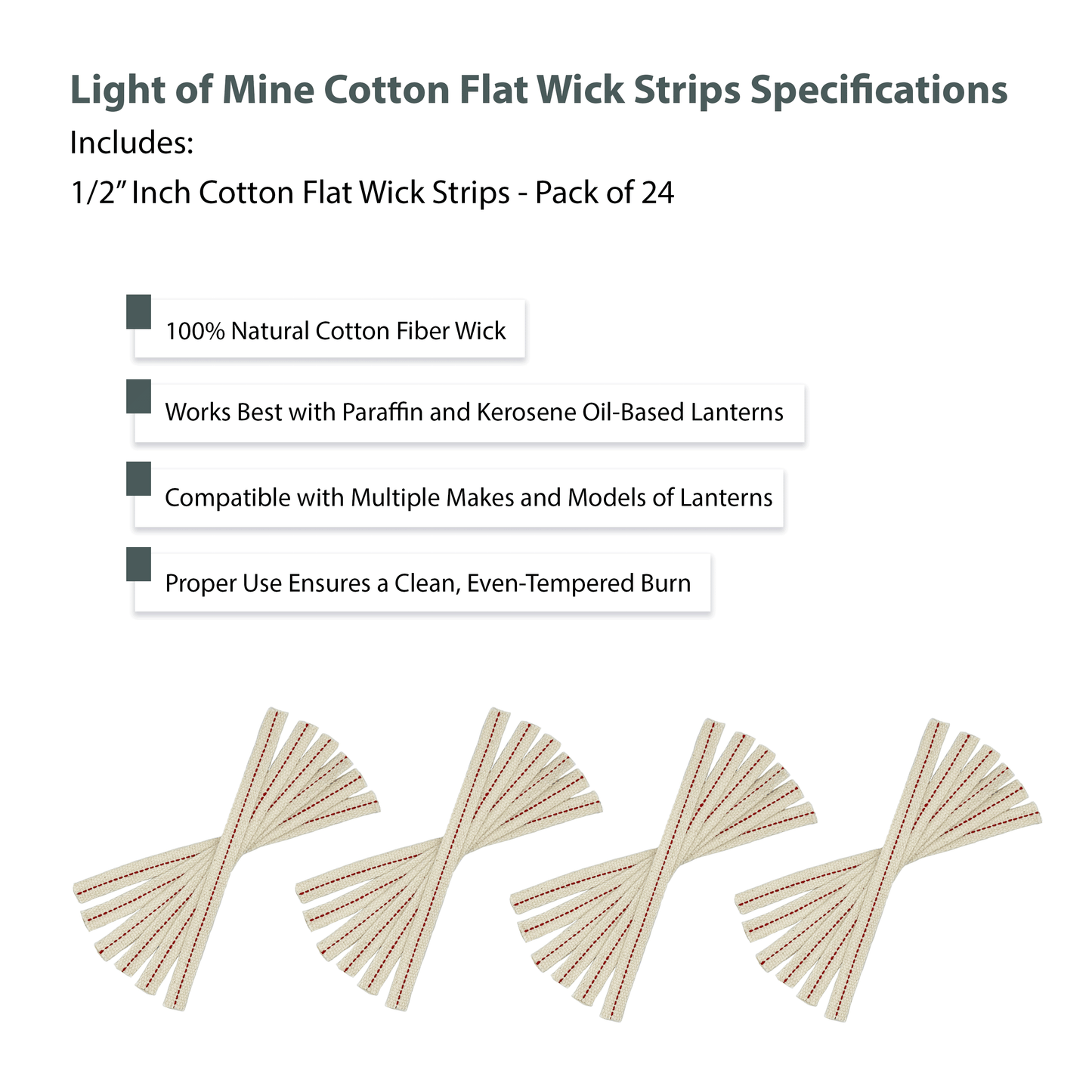 Light of Mine - 1/2" Inch - 8" Long Wick Strips, 100% Cotton Flat Wick - 24 Pack, for Paraffin Oil, Kerosene Based Lanterns, and Oil Lamps with Genuine Red Stitch