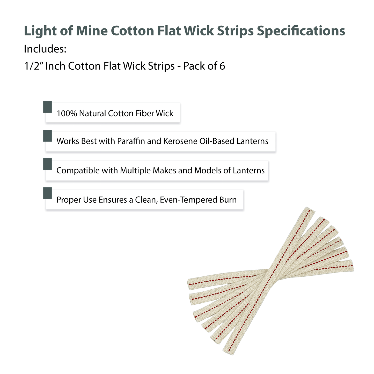 Light of Mine - 1/2" Inch - 8" Long Wick Strips, 100% Cotton Flat Wick - 6 Pack, for Paraffin Oil, Kerosene Based Lanterns, and Oil Lamps with Genuine Red Stitch
