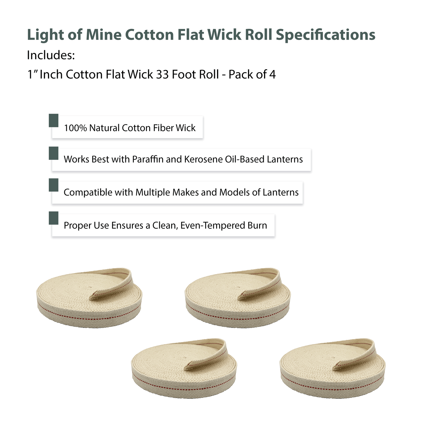 Light of Mine - 1" Inch 33' Foot, 100% Cotton Flat Wick - 4 Pack for Paraffin Oil, Kerosene Based Lanterns, and Oil Lamps with Genuine Red Stitch (1" - 33' Roll, 4pk)