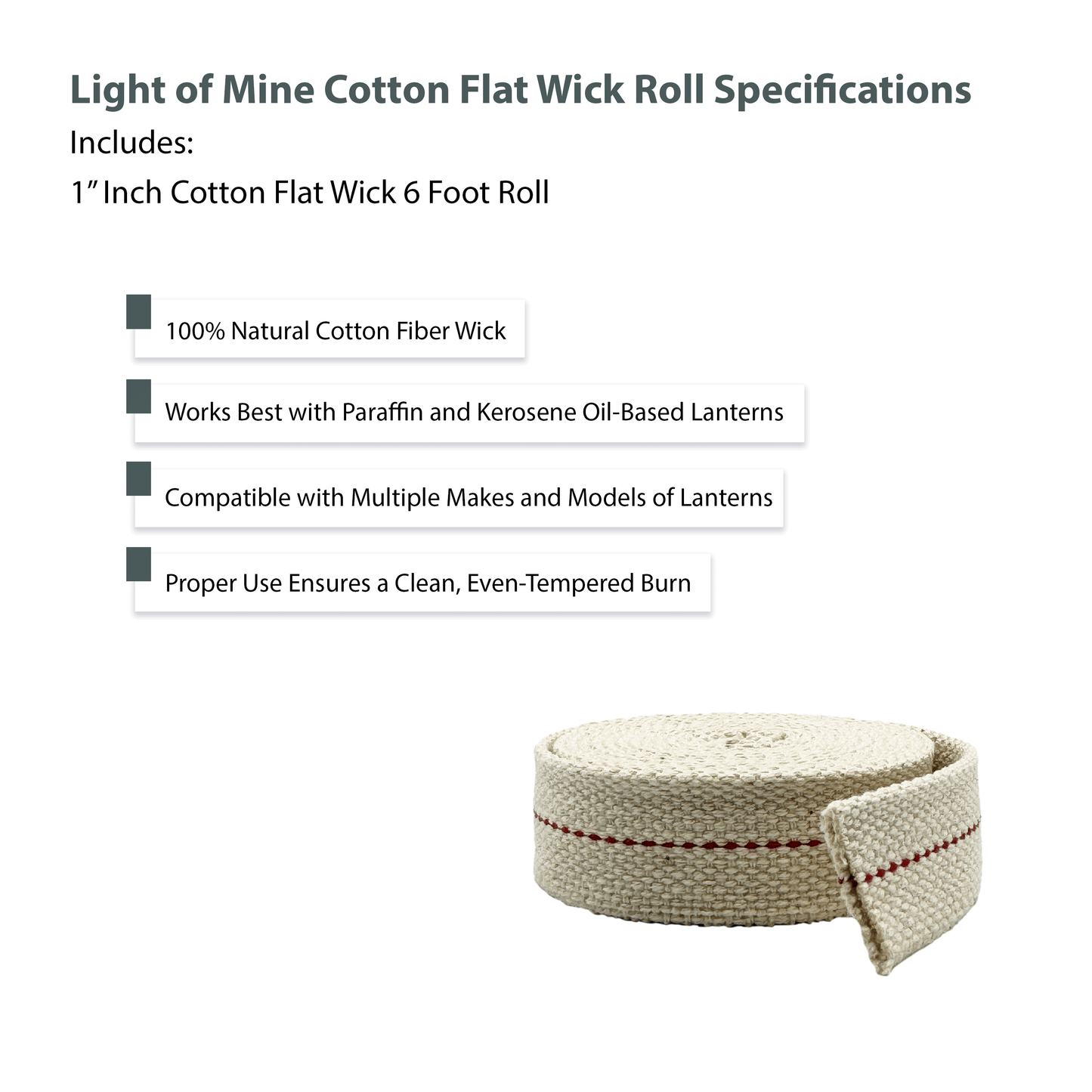 Light Of Mine 1" Inch 100% Cotton Flat Wick 6 Foot Roll for Oil Lamps