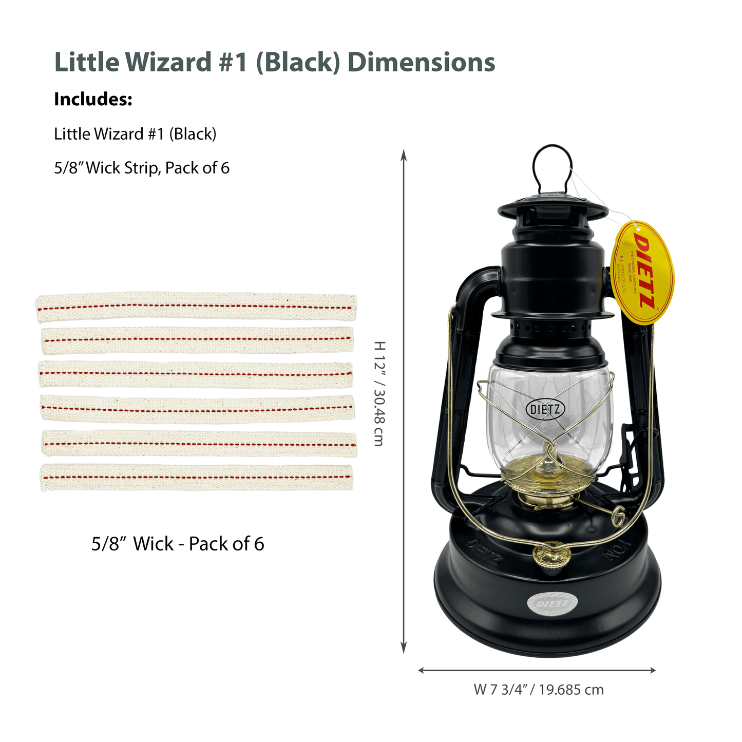 Light of Mine - Dietz #01 Little Wizard Black with Gold Trim Oil Lantern with 5/8" Replacement Wick Strips (#01, Black & Gold)