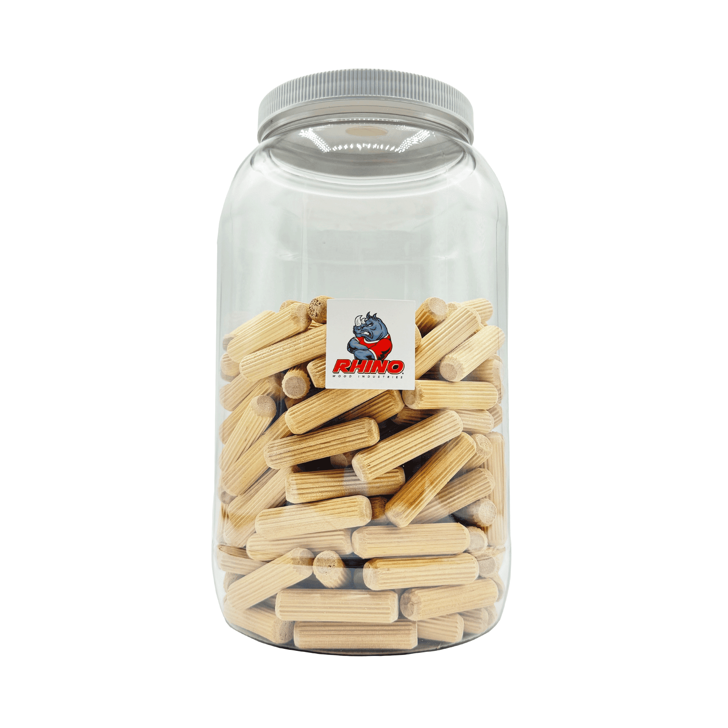 Rhino Wood Industries - 1/2" x 2" - 200 Pack Wooden Dowel Pins in Plastic Jar - Kiln Dried, Fluted, and Beveled (1/2" x 2", 200pk, Jar)