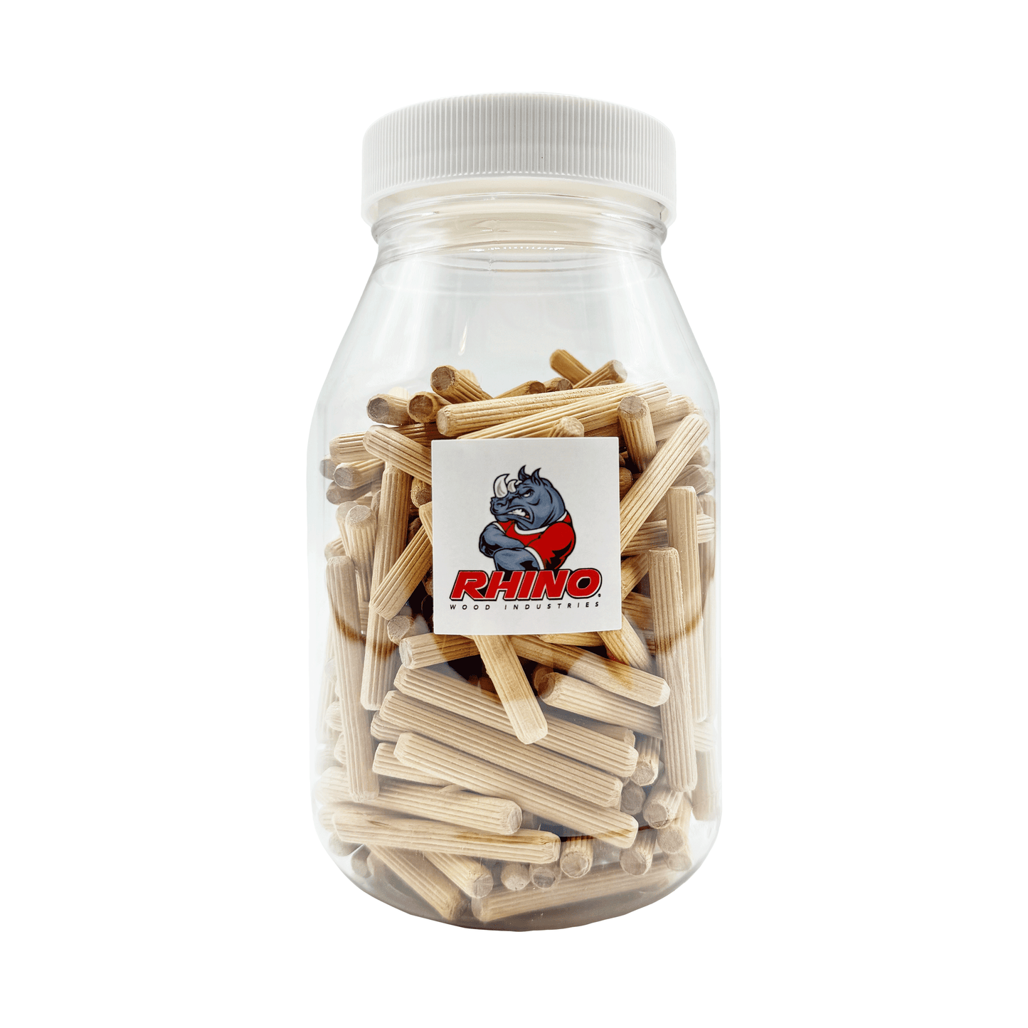 Rhino Wood Industries - 1/4" x 2" - 200 Pack Wooden Dowel Pins in Plastic Jar - Kiln Dried, Fluted, and Beveled (1/4" x 2", 200pk, Jar)