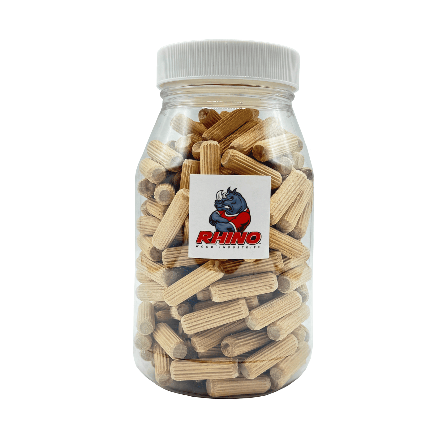 Rhino Wood Industries - 3/8" x 1 1/4" - 200 Pack Wooden Dowel Pins in Plastic Jar - Kiln Dried, Fluted, and Beveled (3/8" x 1 1/4", 200pk, Jar)