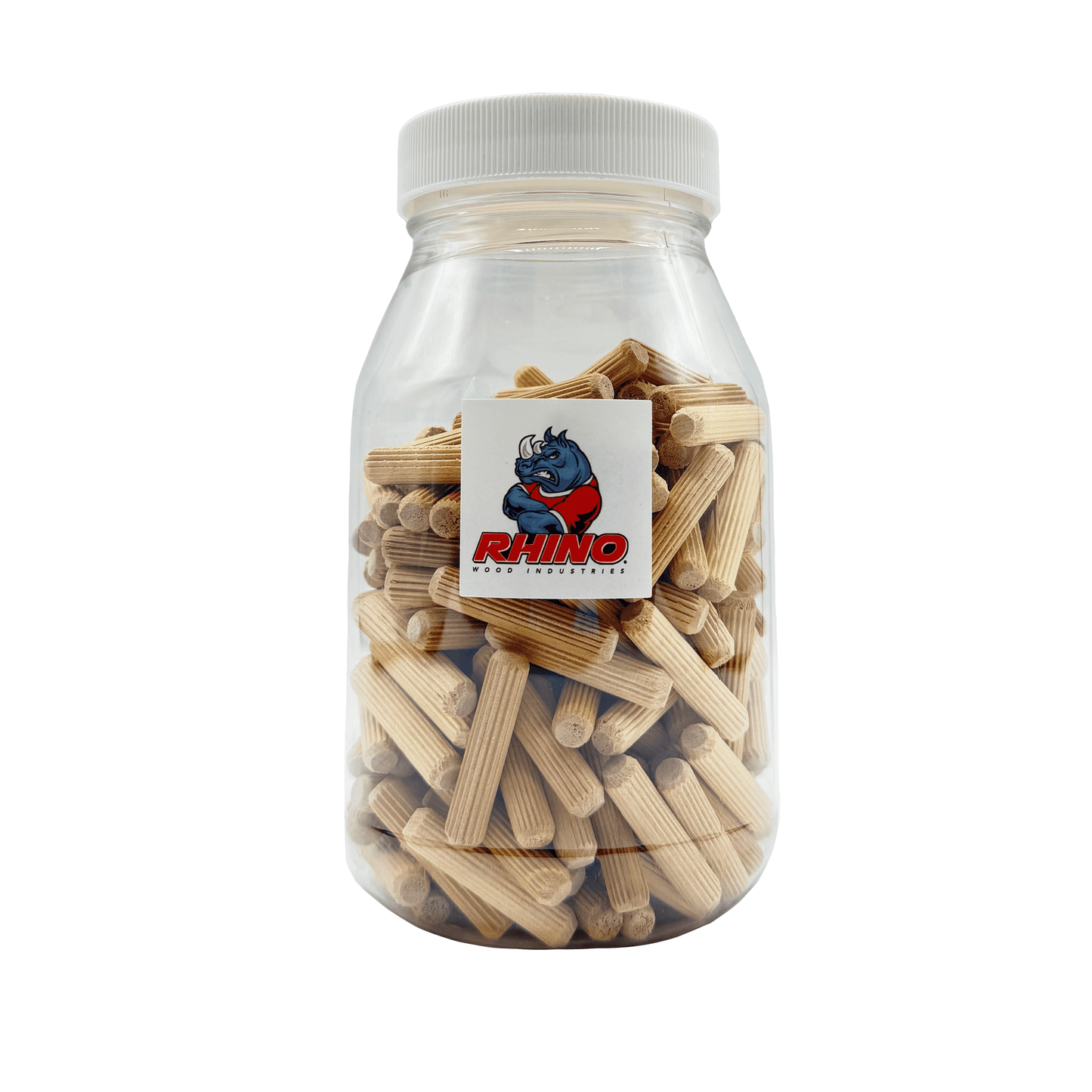 Rhino Wood Industries - 5/16" x 1 1/2" - 200 Pack Wooden Dowel Pins in Plastic Jar - Kiln Dried, Fluted, and Beveled (5/16" x 1 1/2", 200pk, Jar)
