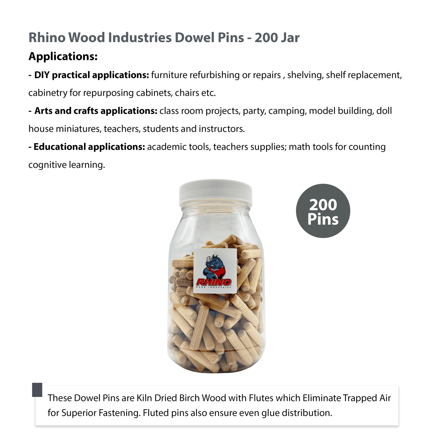 Rhino Wood Industries - 5/16" x 1 1/2" - 200 Pack Wooden Dowel Pins in Plastic Jar - Kiln Dried, Fluted, and Beveled (5/16" x 1 1/2", 200pk, Jar)