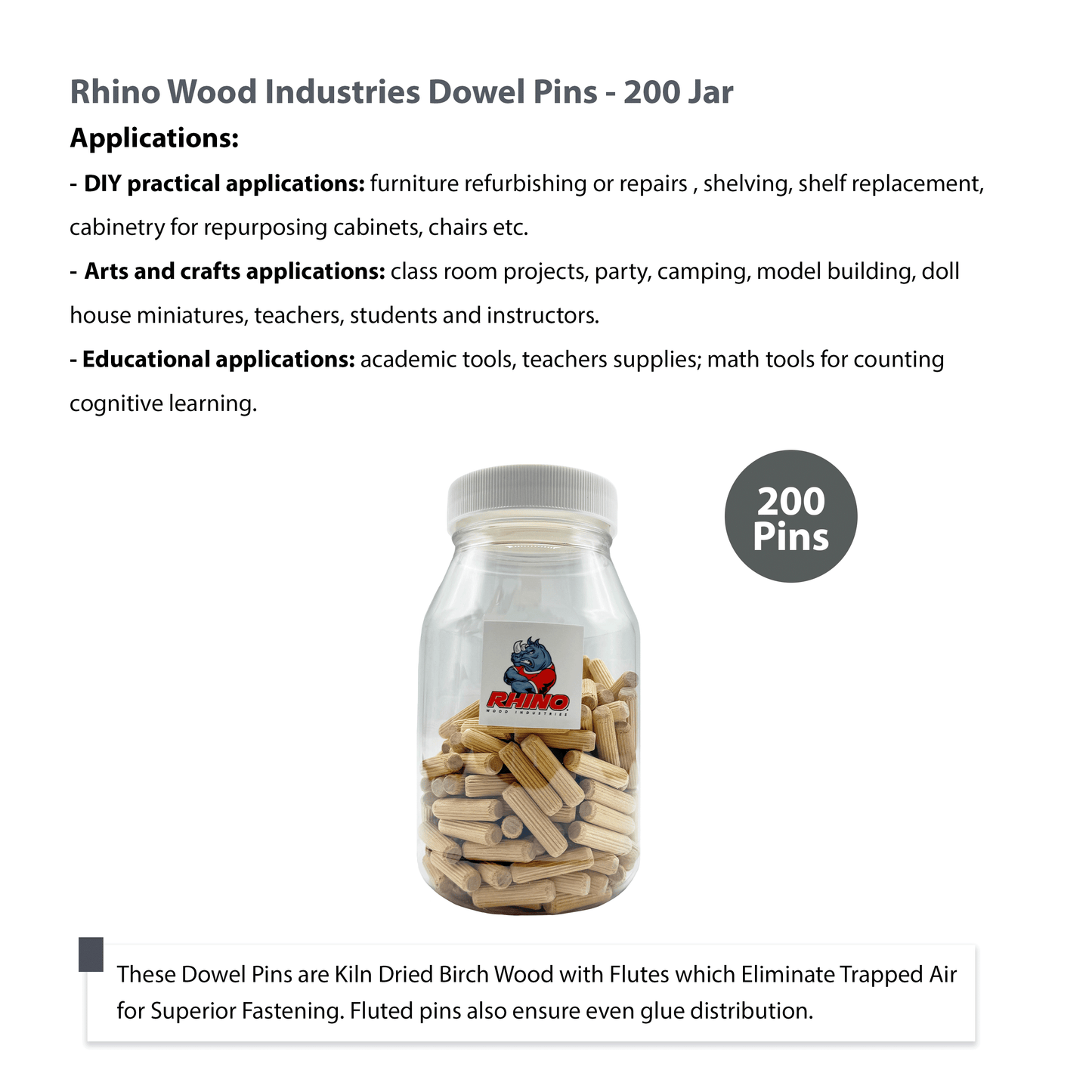 Rhino Wood Industries - 5/16" x 1 3/16" - 200 Pack Wooden Dowel Pins in Plastic Jar - Kiln Dried, Fluted, and Beveled (5/16" x 1 3/16", 200pk, Jar)
