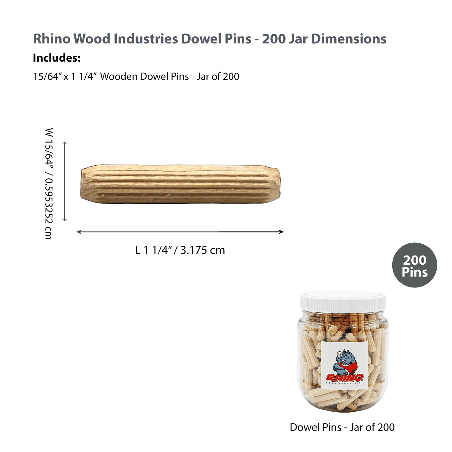 Rhino Wood Industries - 15/64" x 1 1/4" - 200 Pack Wooden Dowel Pins in Plastic Jar - Kiln Dried, Fluted, and Beveled (6mm, 200pk, Jar)