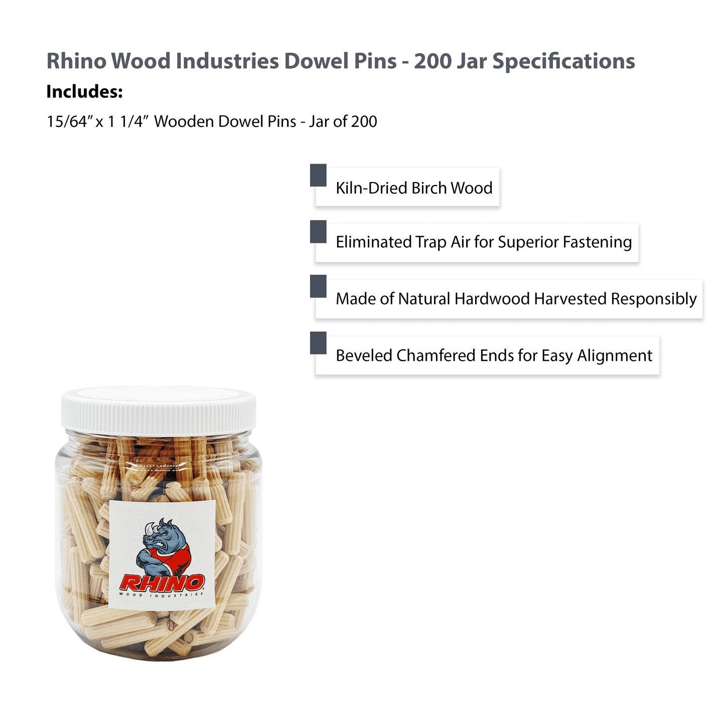 Rhino Wood Industries - 15/64" x 1 1/4" - 200 Pack Wooden Dowel Pins in Plastic Jar - Kiln Dried, Fluted, and Beveled (6mm, 200pk, Jar)
