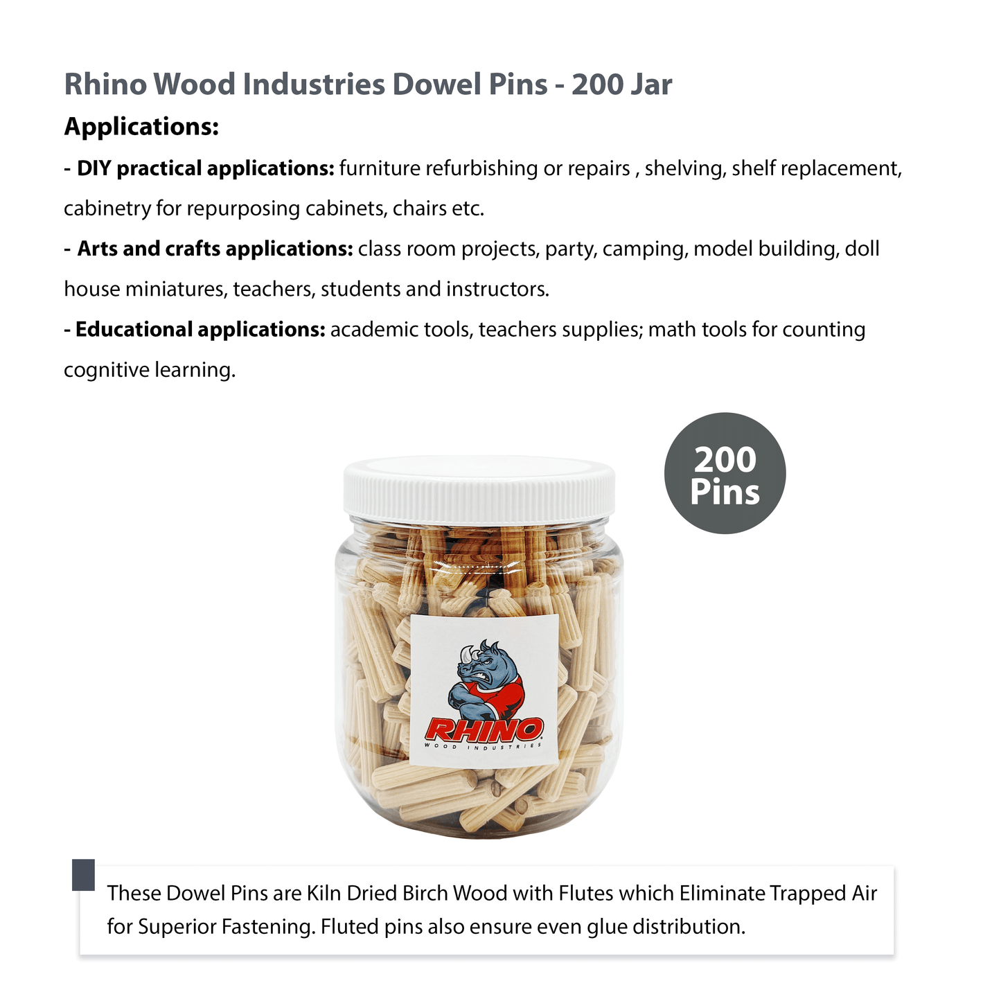 Rhino Wood Industries - 15/64" x 1 1/4" - 200 Pack Wooden Dowel Pins in Plastic Jar - Kiln Dried, Fluted, and Beveled (6mm, 200pk, Jar)