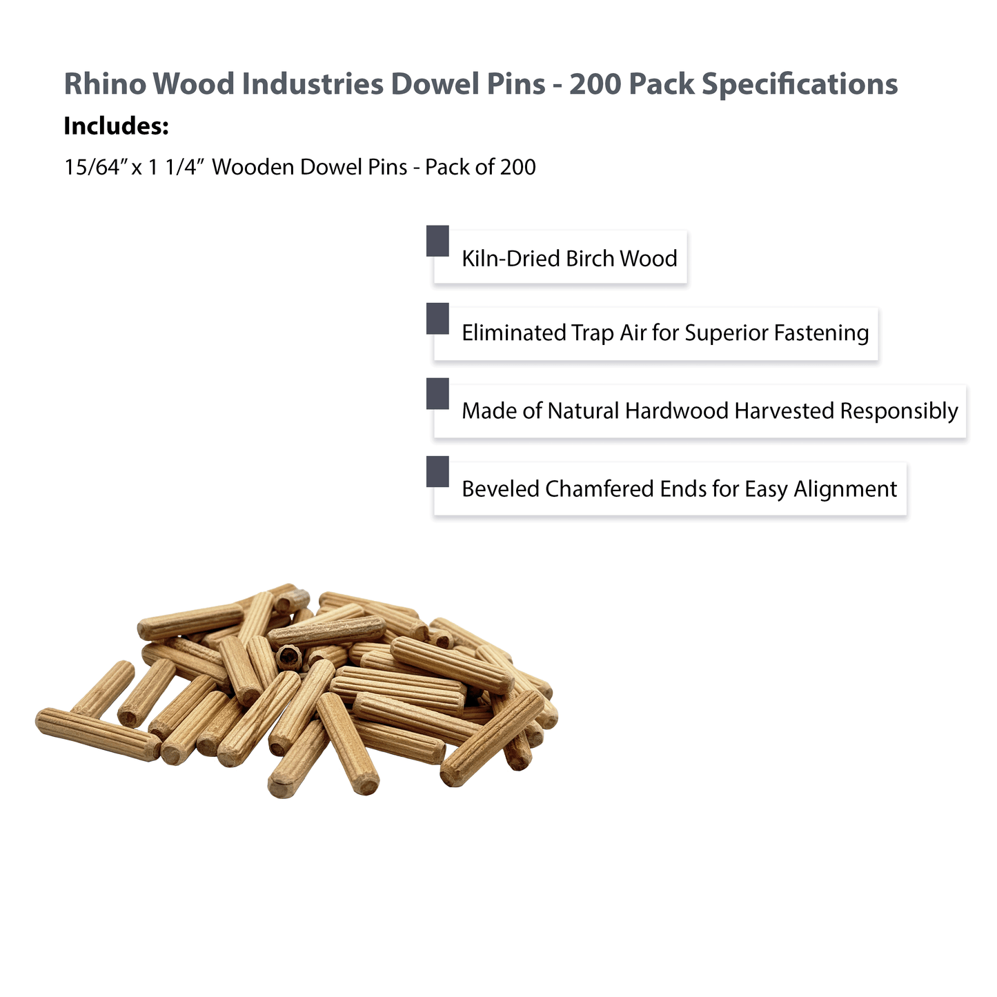 Rhino Wood Industries - 15/64" x 1 1/4" - 200 Pack Wooden Dowel Pins - Kiln Dried, Fluted, and Beveled (6mm, 200pk)