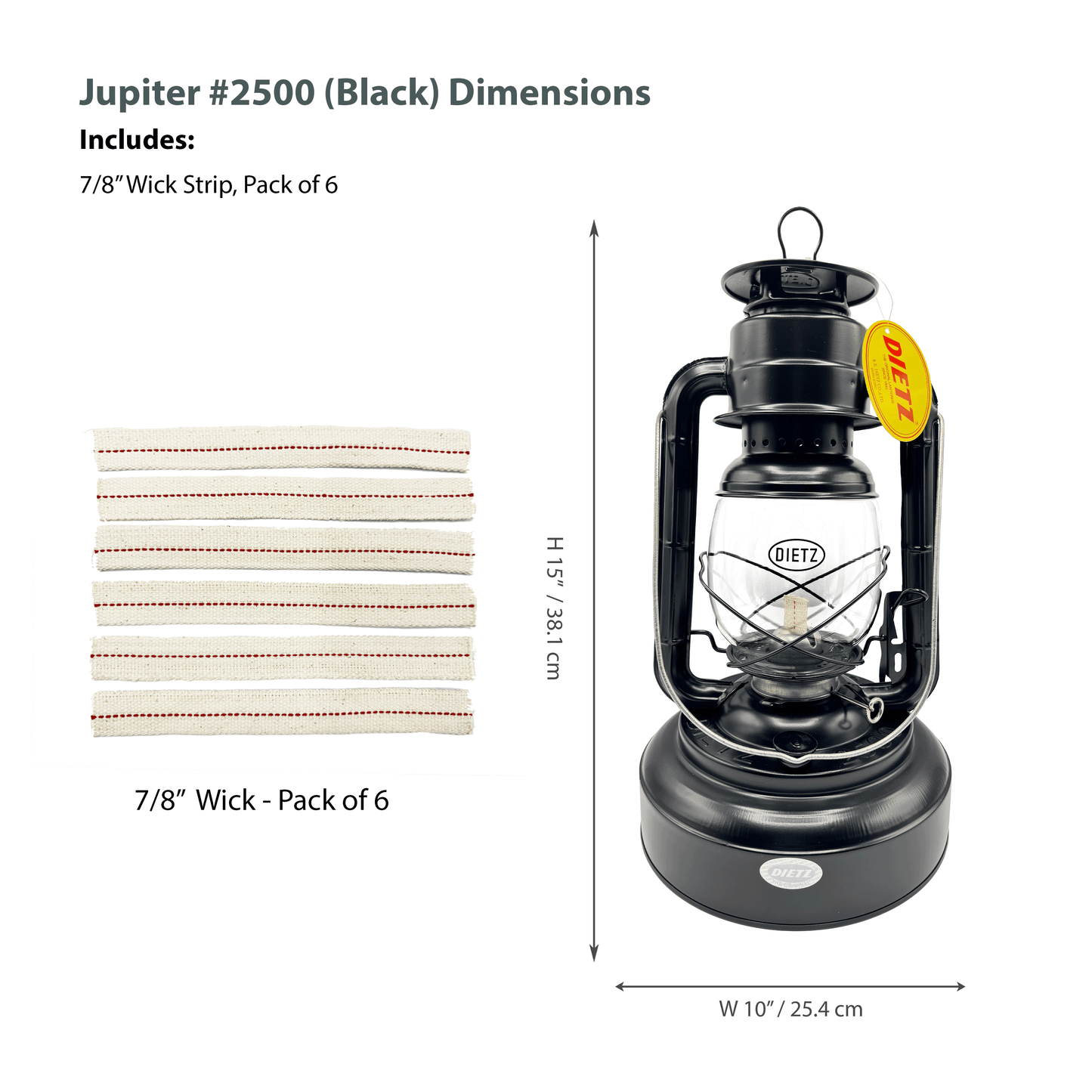 Light of Mine - Dietz #2500 Jupiter Plain Black Oil Lantern with 7/8" Replacement Wick Strips (#2500, Black)