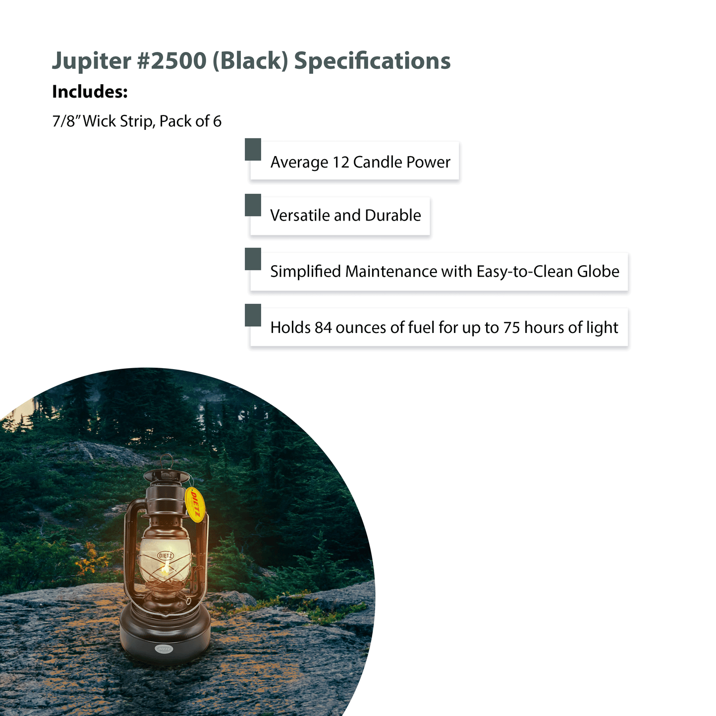 Light of Mine - Dietz #2500 Jupiter Plain Black Oil Lantern with 7/8" Replacement Wick Strips (#2500, Black)