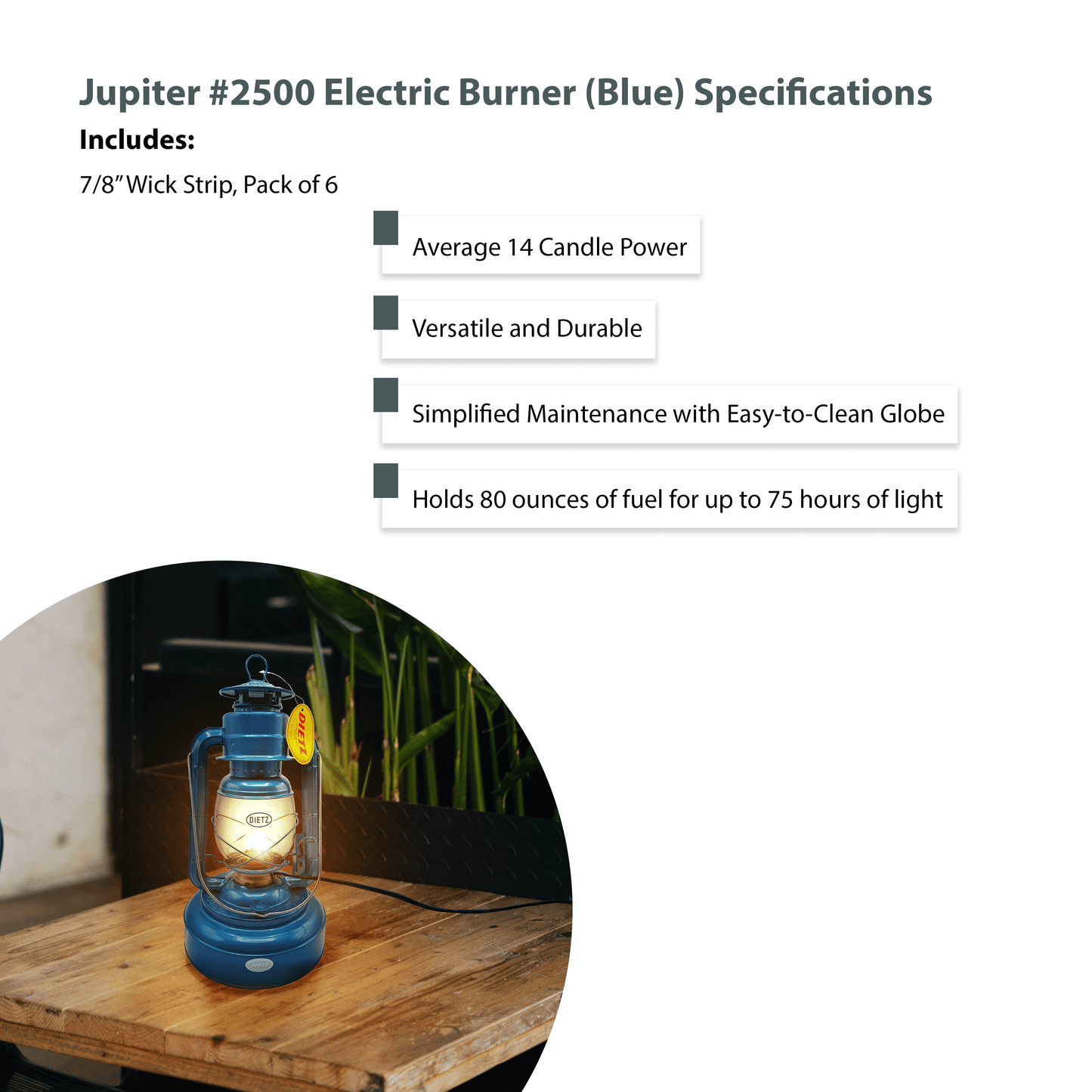 Light Of Mine - Dietz #2500 Jupiter Blue Oil Lantern with 7/8" Replacement Wick Strips and Conversion Kit for Electric Burner (Blue, Electric)
