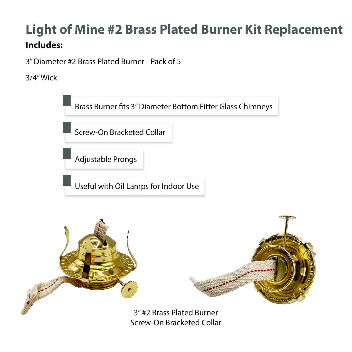 Light Of Mine - 5 Pack of #2 Brass Plated Burners with Nonremovable Reduction Ring for Antique Hurricane Lamps (NO2, 5pk)