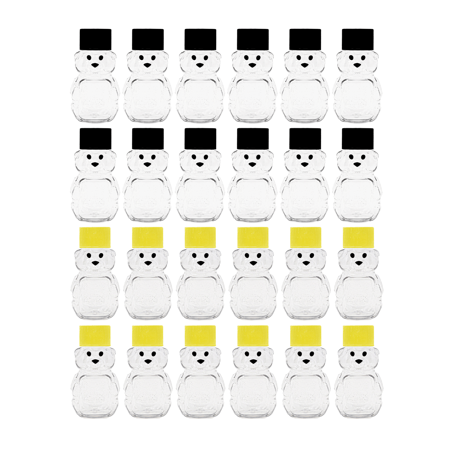 Clearview Containers - 2 Ounce Honey Bears with Sealable Black and Yellow Screw Top Lids - 24 Pack (2 oz. Bear, 24pk, Black/Yellow)