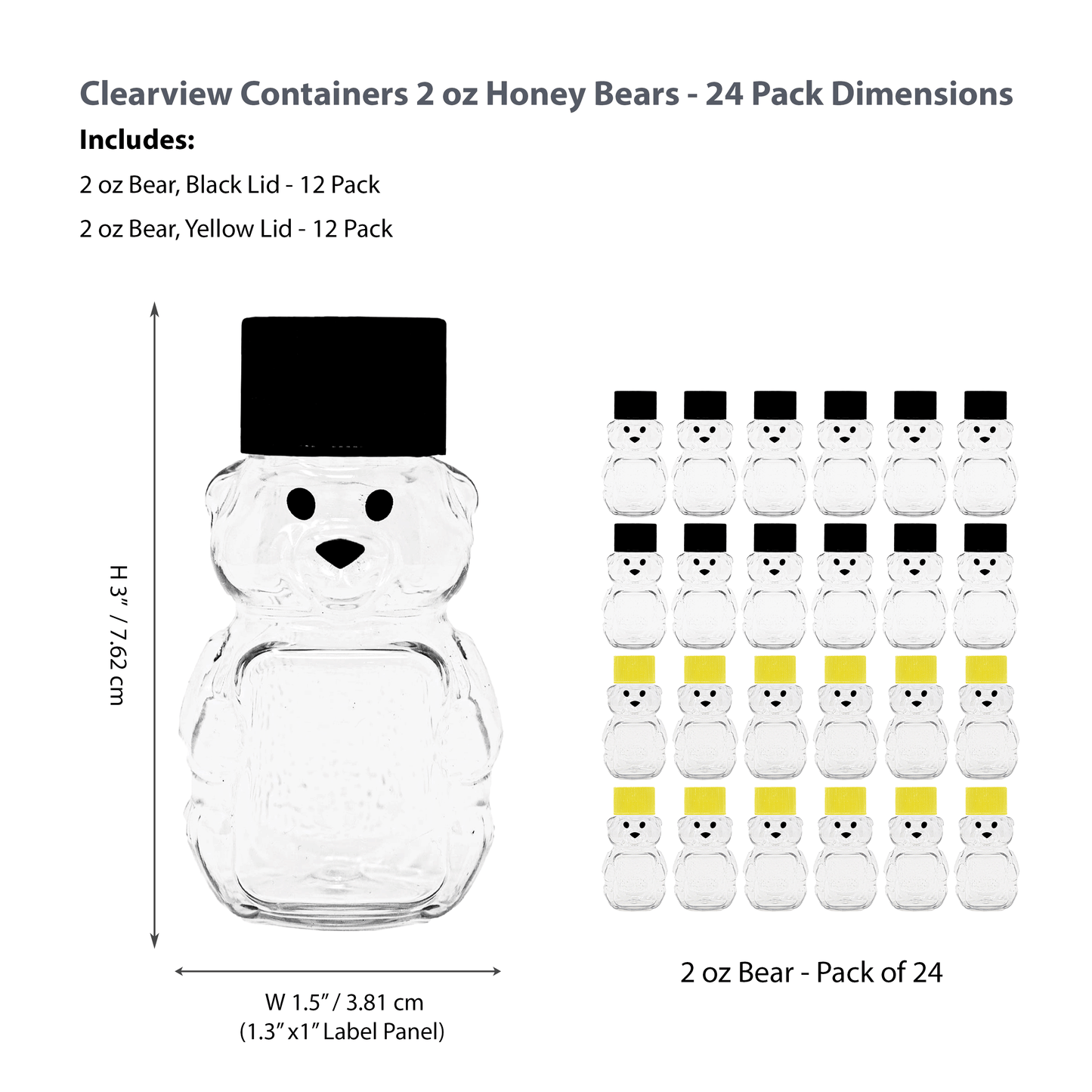 Clearview Containers - 2 Ounce Honey Bears with Sealable Black and Yellow Screw Top Lids - 24 Pack (2 oz. Bear, 24pk, Black/Yellow)