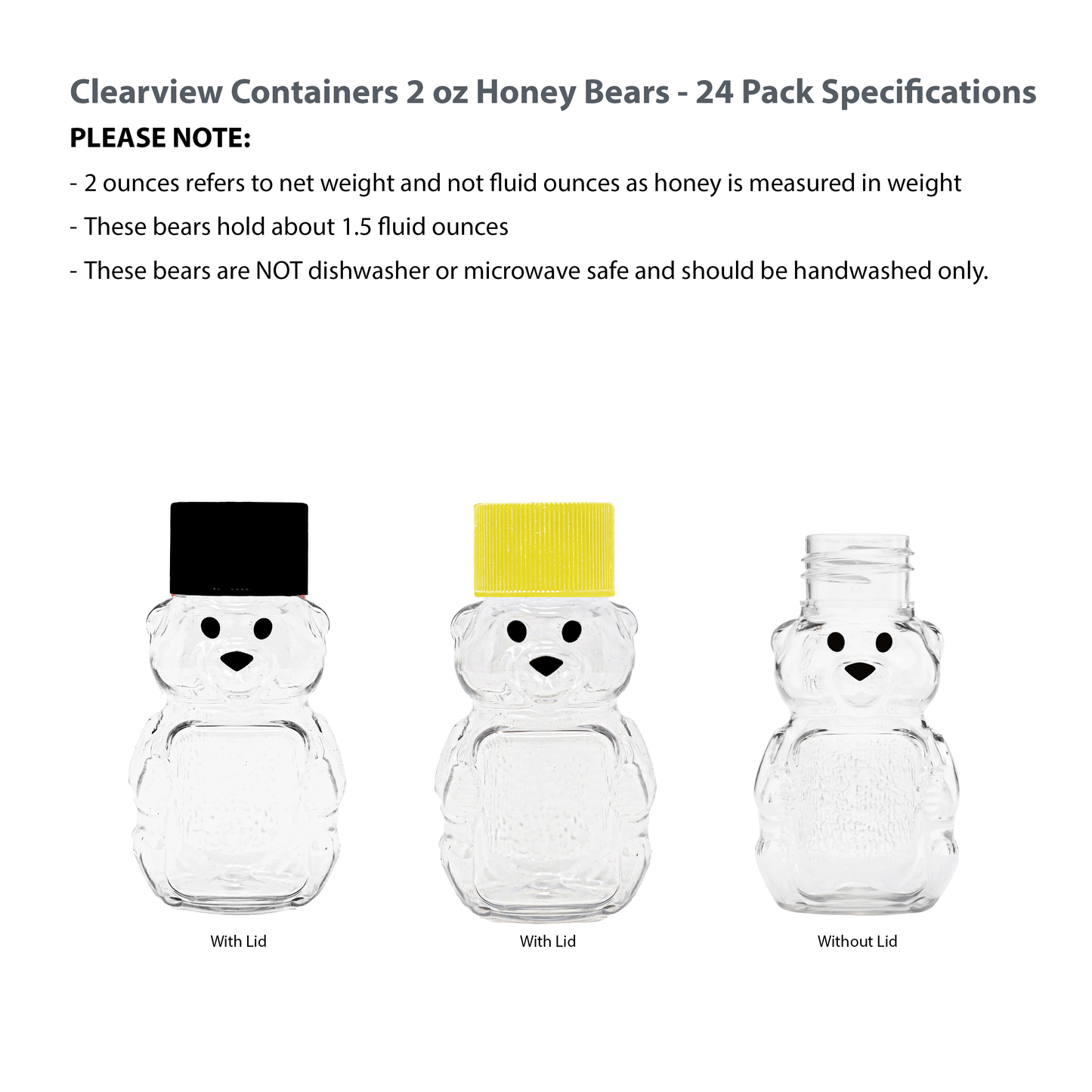 Clearview Containers - 2 Ounce Honey Bears with Sealable Black and Yellow Screw Top Lids - 24 Pack (2 oz. Bear, 24pk, Black/Yellow)