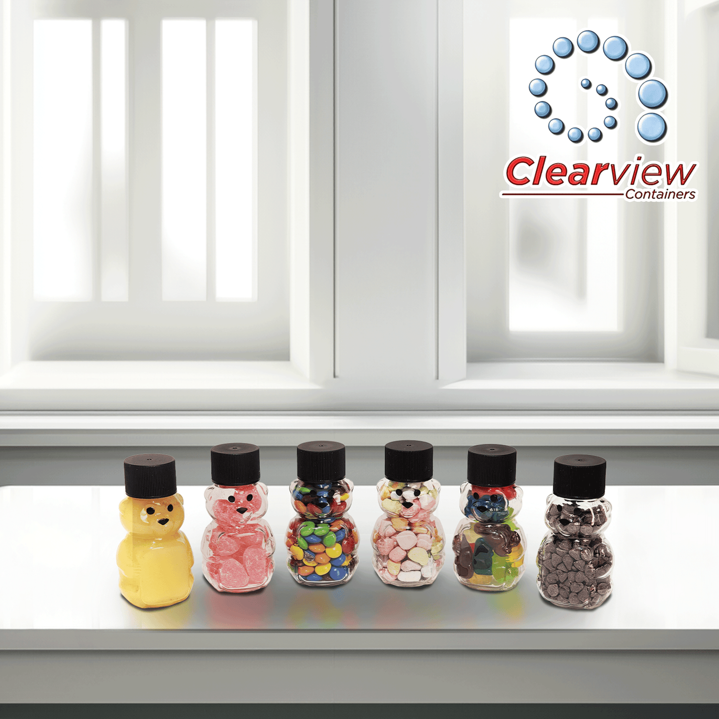 Clearview Containers - 2 Ounce Honey Bears with Sealable Black and Yellow Screw Top Lids - 24 Pack (2 oz. Bear, 24pk, Black/Yellow)