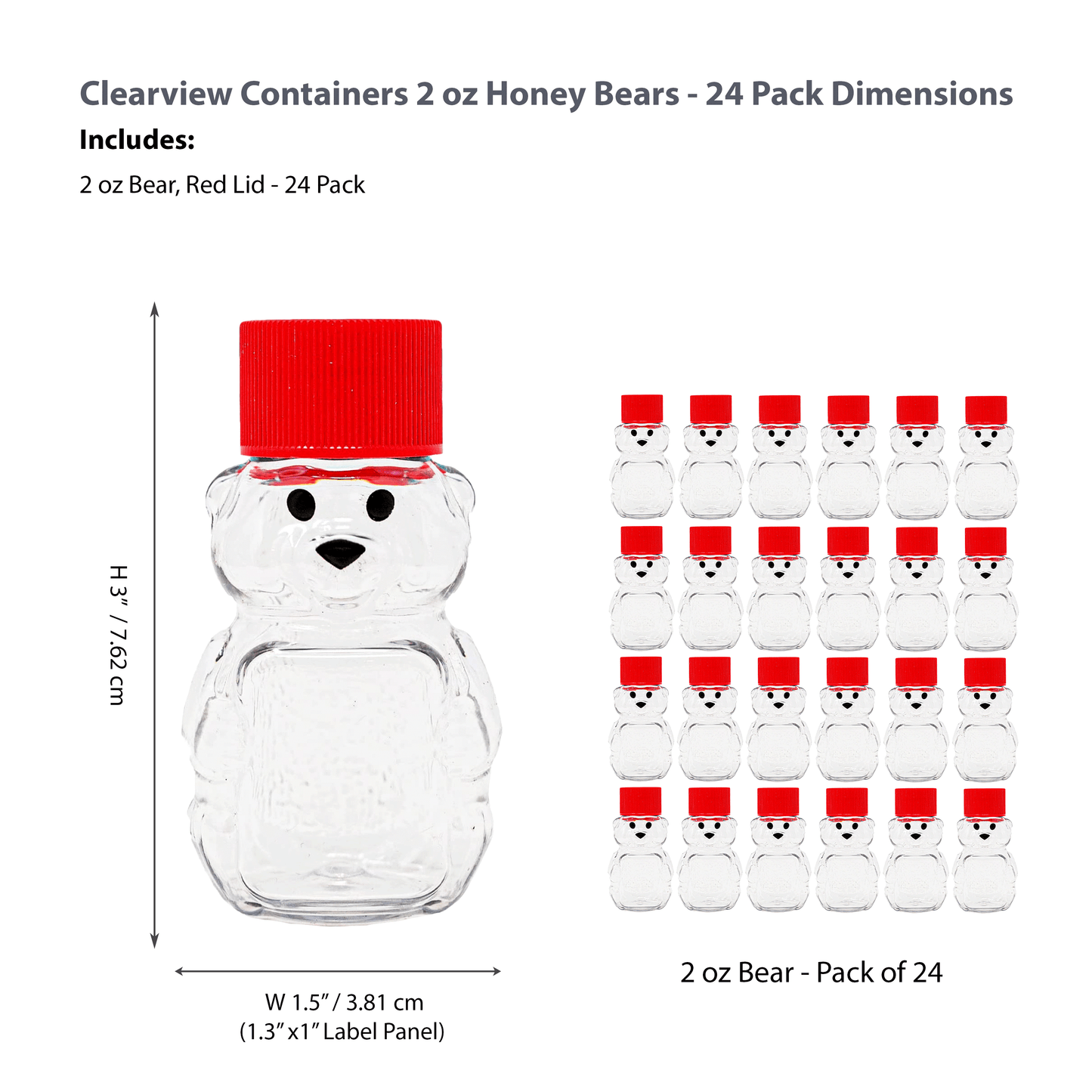 CLEARVIEW CONTAINERS - 2 Ounce Honey Bears with Sealable Red Screw Top Lid - 24 Pack (2 oz. Bear, 24pk, Red)