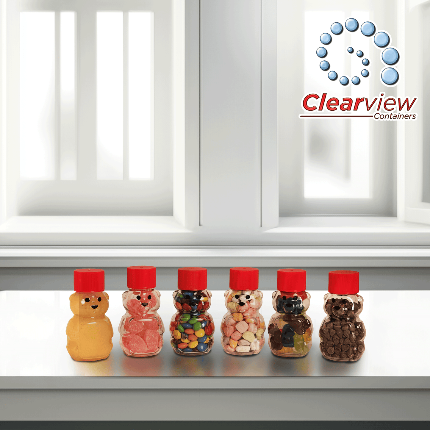 CLEARVIEW CONTAINERS - 2 Ounce Honey Bears with Sealable Red Screw Top Lid - 24 Pack (2 oz. Bear, 24pk, Red)