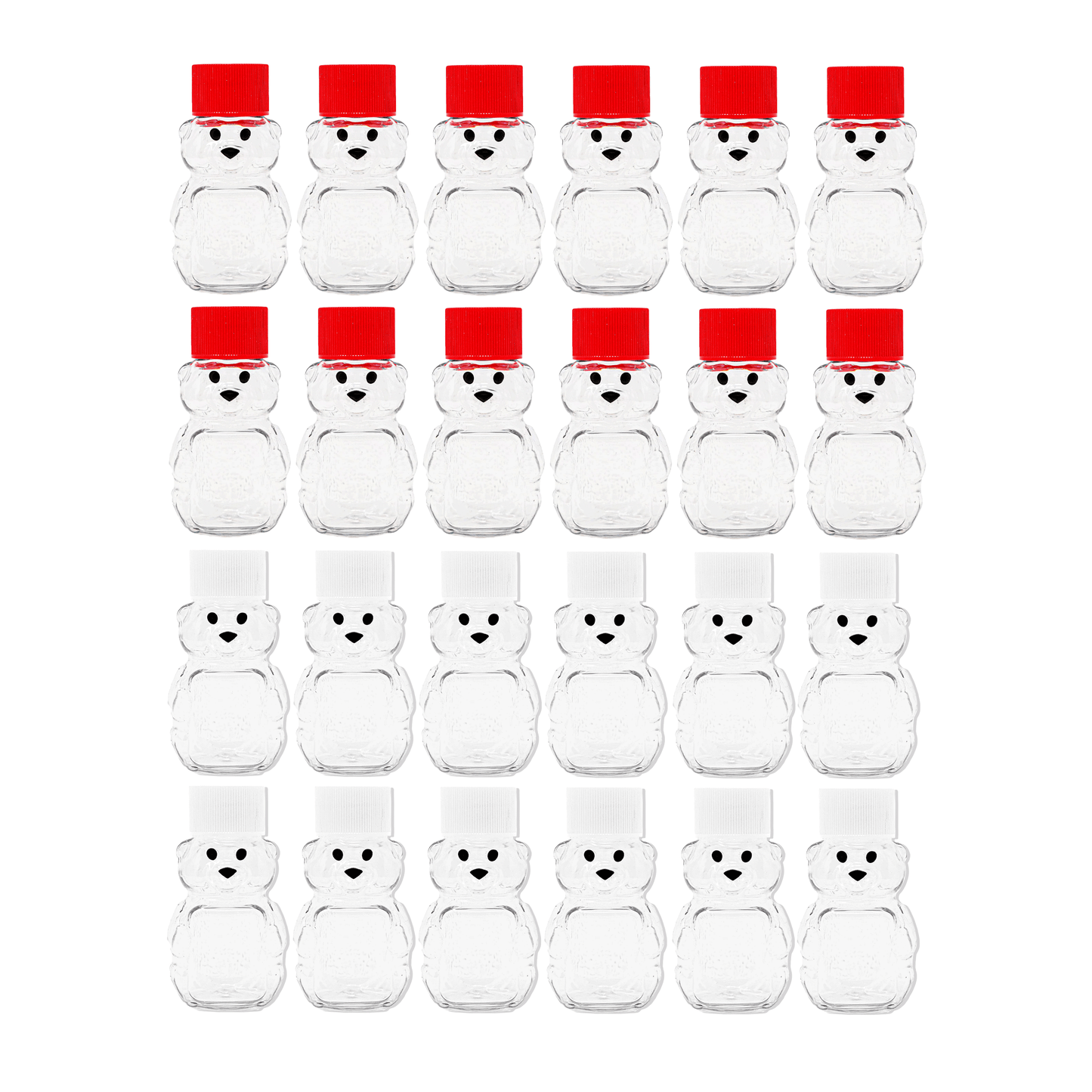 Clearview Containers - 2 Ounce Honey Bears with Sealable Red and White Screw Top Lids - 24 Pack (2 oz. Bear, 24pk, Red/White)
