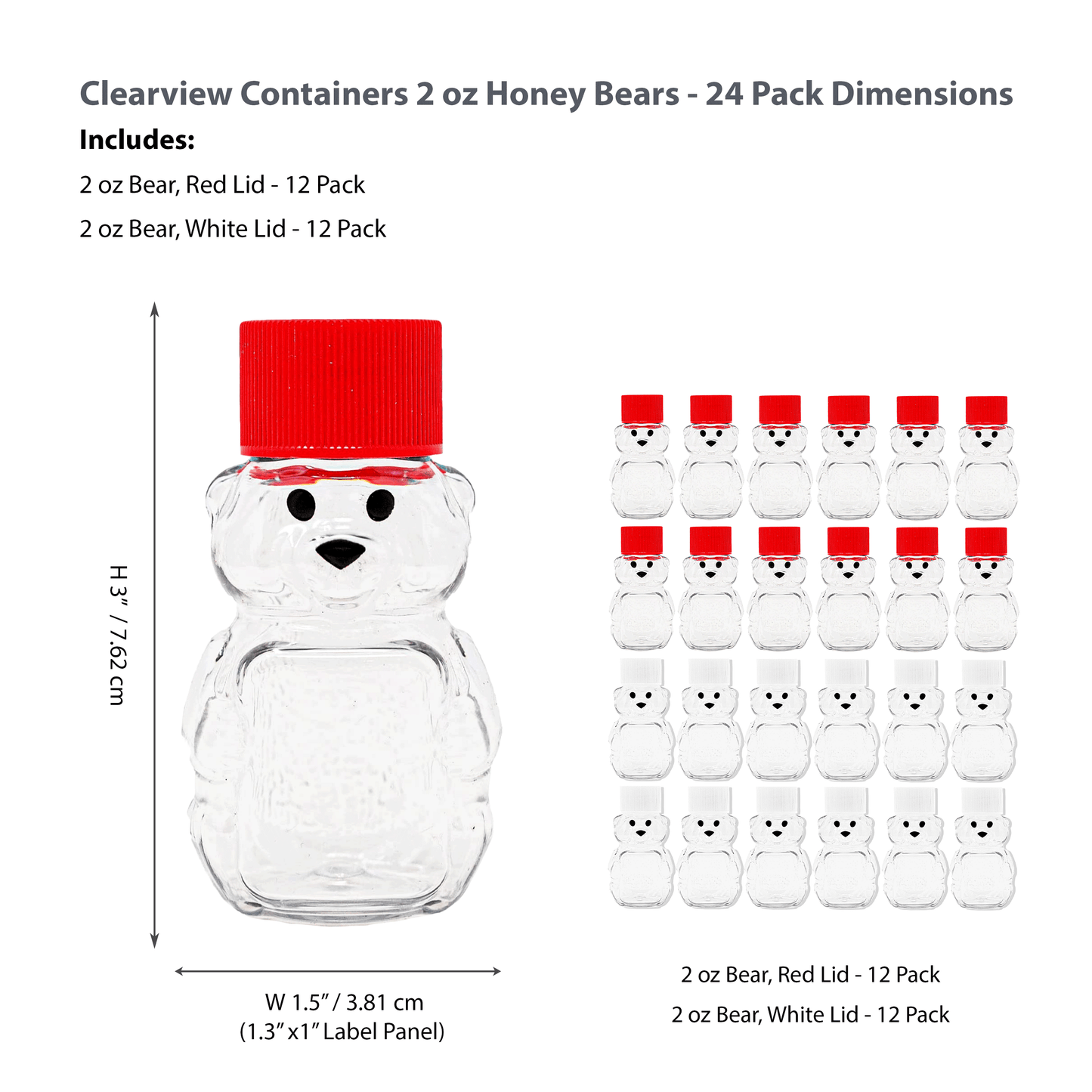 Clearview Containers - 2 Ounce Honey Bears with Sealable Red and White Screw Top Lids - 24 Pack (2 oz. Bear, 24pk, Red/White)