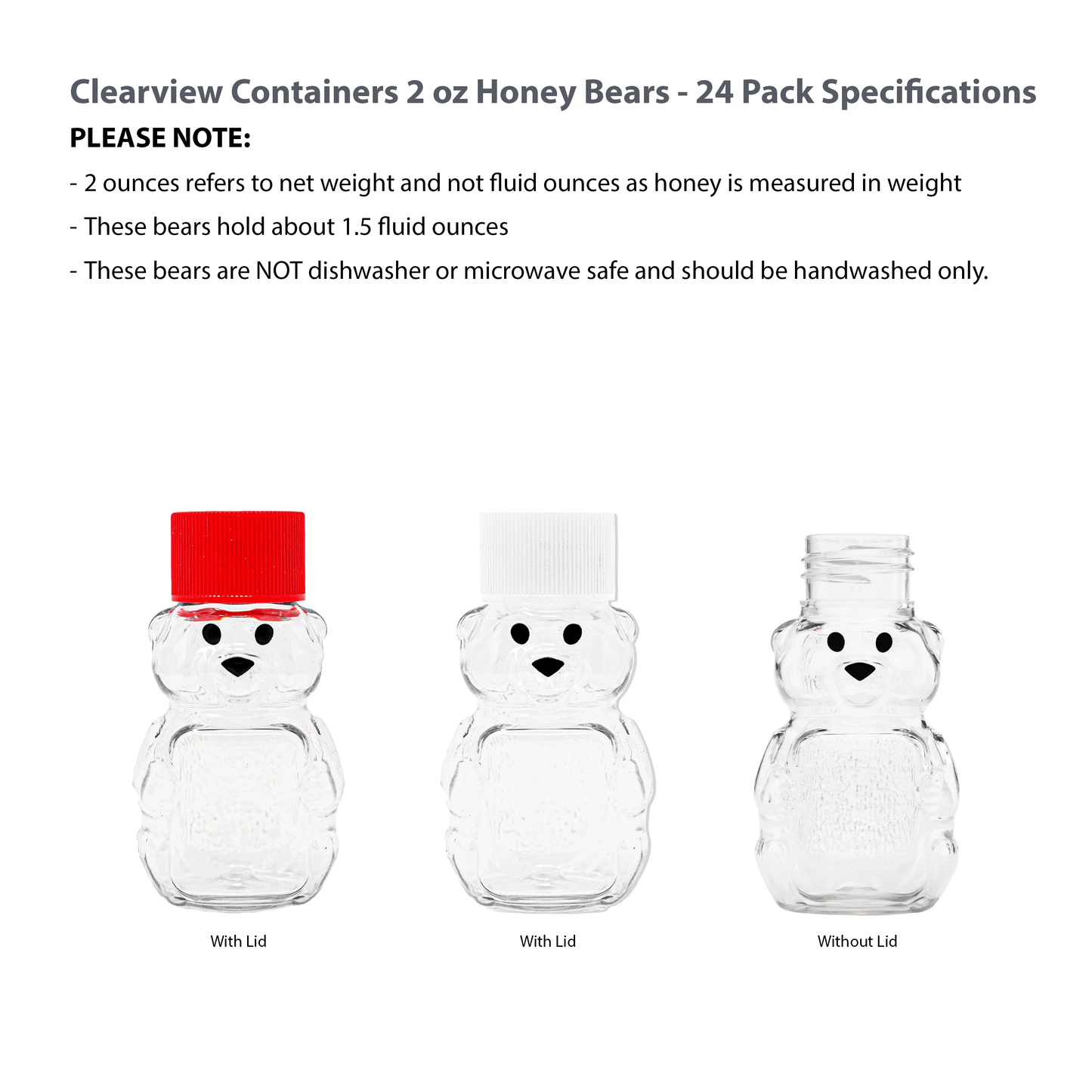 Clearview Containers - 2 Ounce Honey Bears with Sealable Red and White Screw Top Lids - 24 Pack (2 oz. Bear, 24pk, Red/White)