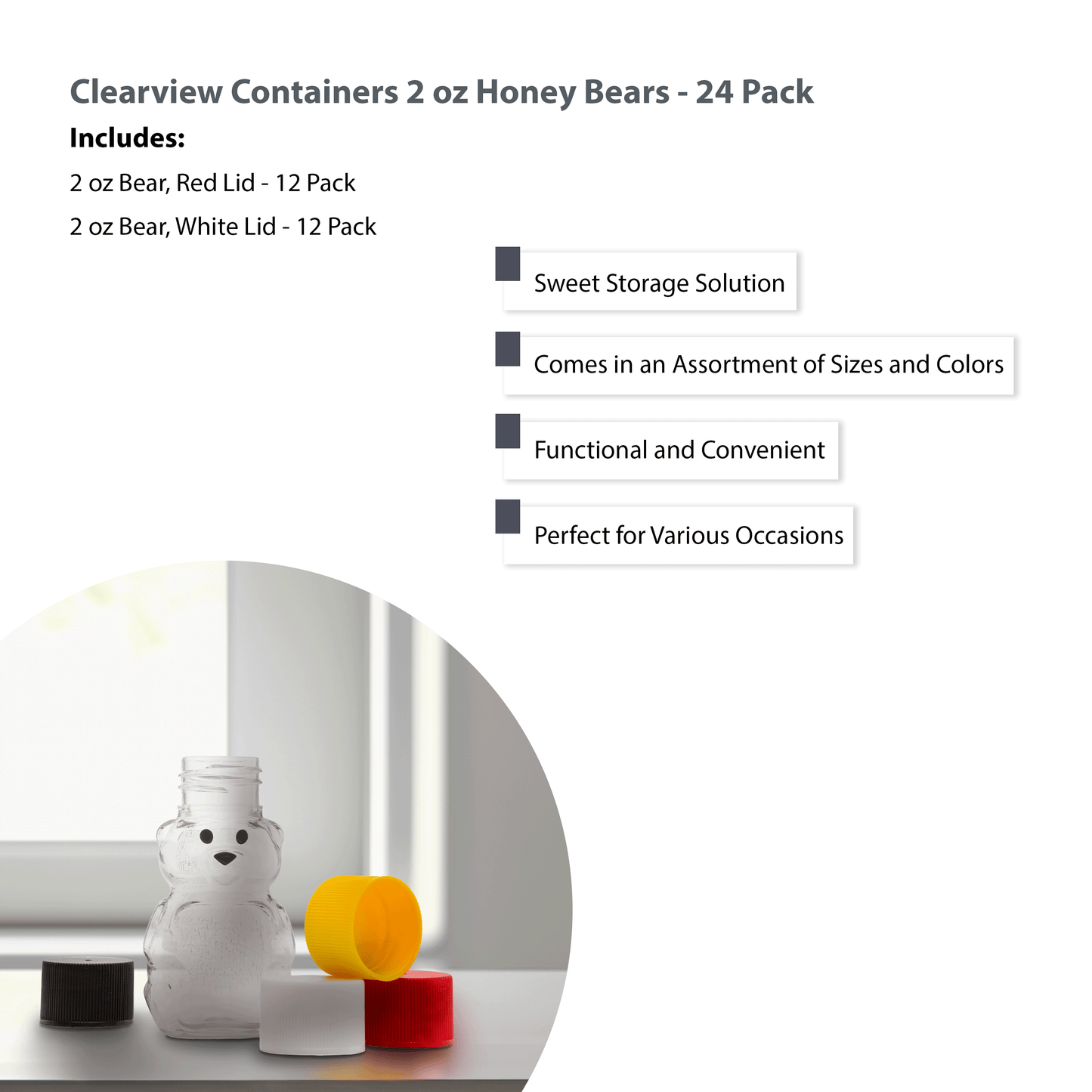 Clearview Containers - 2 Ounce Honey Bears with Sealable Red and White Screw Top Lids - 24 Pack (2 oz. Bear, 24pk, Red/White)