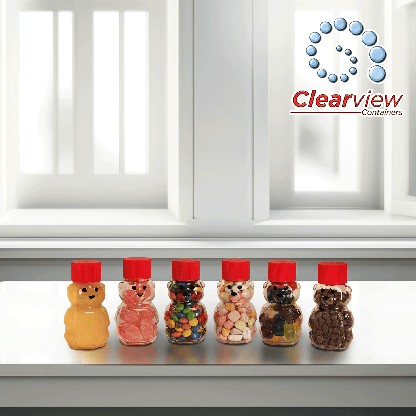 Clearview Containers - 2 Ounce Honey Bears with Sealable Red and White Screw Top Lids - 24 Pack (2 oz. Bear, 24pk, Red/White)