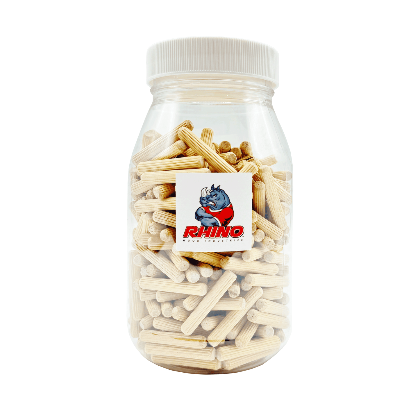 Rhino Wood Industries - 1/4" x 1 1/2" - 300 Pack Wooden Dowel Pins in Plastic Jar - Kiln Dried, Fluted, and Beveled (1/4" x 1 1/2", 300pk, Jar)
